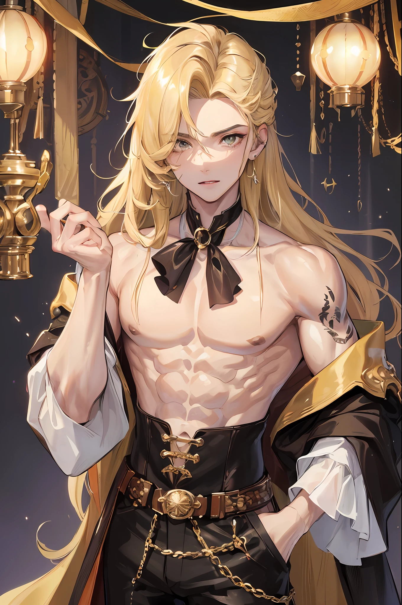 man, masculine, attractive, muscular, ((1man)), masterpiece, absurdres, best quality ,intricate details , (shiny skin, shiny body, shiny oily luster skin, shiny hair, pale skintone), pirate ship , Sundown, attractive, ((muscular)), adult, one eye patch, tattoo ,white blouse, earrings, brown pants, Parrot on the shoulder , Don't look at the view , Not looking at the view, blonde very long hair, perfect detailed face, perfect detailed hands