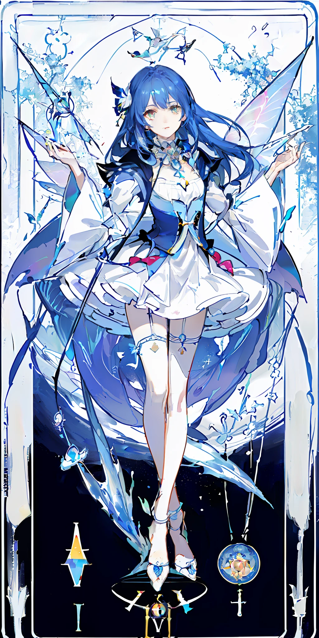 (Golden Ratio:1.2),(rose graffiti:1.2),(fault color:1.3),[(white background:1.4)::10], (full body:1.2),(ultra-detailed:1.3),(tarot:1.6),(the magician (tarot):1.6),

(paper:1.2),(fairy:1.6),(fairy wings:1.2),full body, standing in the air,(cool:1.2),(red long hair),(butterfly hair ornaments),(flower hair ornaments:1.0),((sandal,Locket)),(colorful cocktail long dress:1.0)+(Loose sleeves coat :1.3)+(floting colorful tassel and ribbon :1.2),(White stockings:1.2),

(colorful ink paper flower grow on the face:1.2),(colorful flower sea:1.3),

(chaotic geometric images:1.3),(nagative space:0.8),(drawing board:1.3),

(ether colorful ink flowing:1.3)