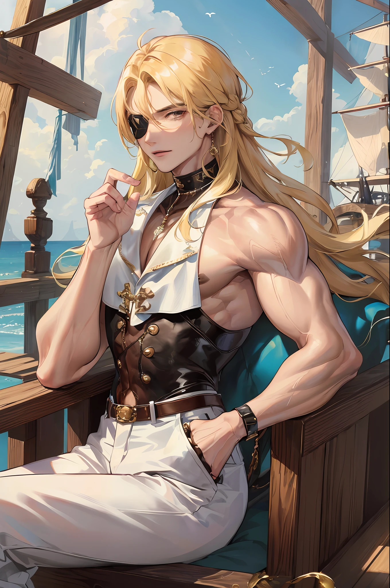 man, masculine, attractive, muscular, ((1man)), masterpiece, absurdres, best quality ,intricate details , (shiny skin, shiny body, shiny oily luster skin, shiny hair, pale skintone), pirate ship , Sundown, attractive, ((muscular)), adult, one eye patch, tattoo ,white blouse, earrings, brown pants, Parrot on the shoulder , Don't look at the view , Not looking at the view, blonde very long hair, perfect detailed face, perfect detailed hands