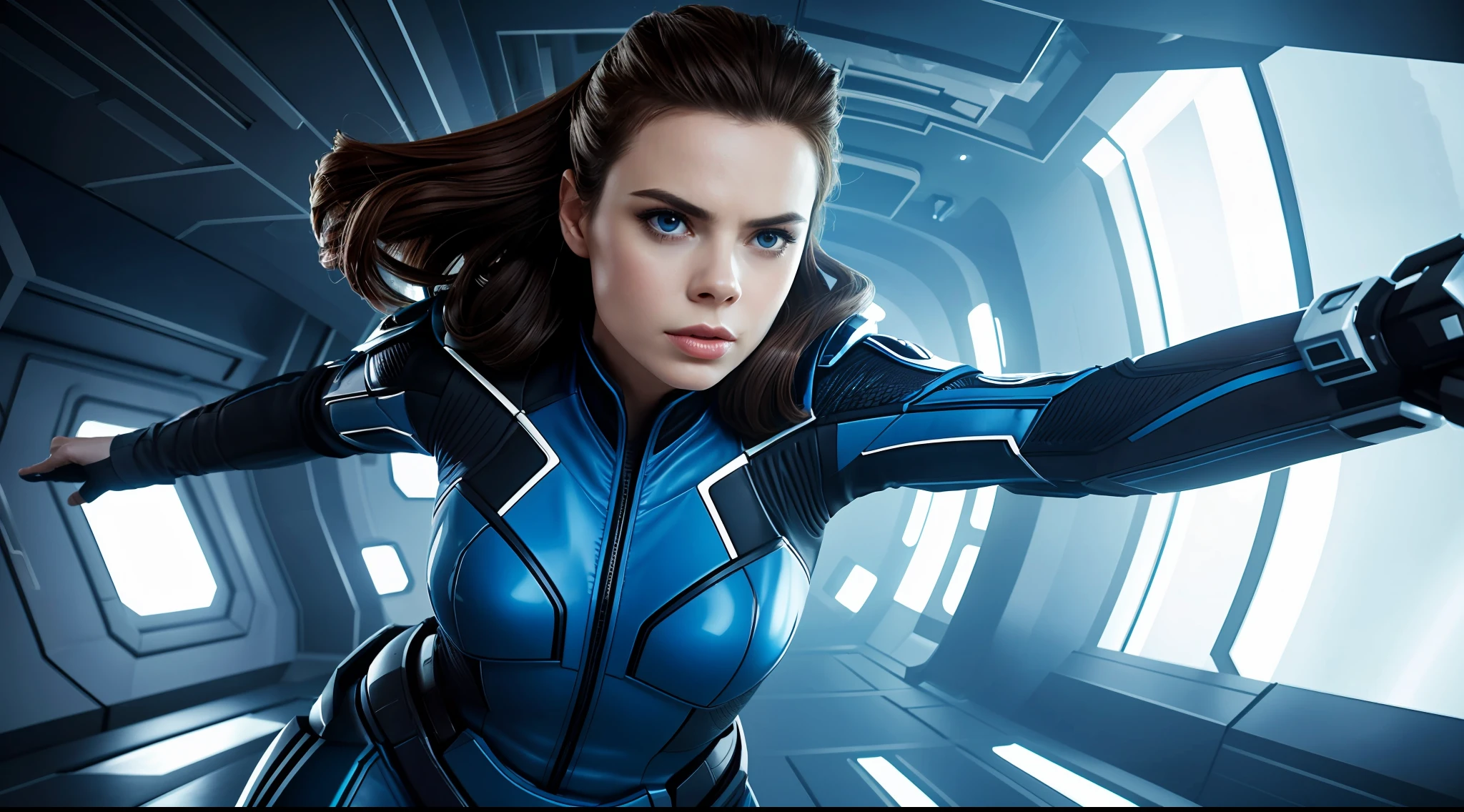 environment wide angle shot, clean and tidy style futuristic room, action shooting, futuristic costumes, cracked porcelain skin, brunette woman, closeup Hayley Atwell, vibrant, photorealistic, realistic, dramatic, dark, sharp focus, 8k