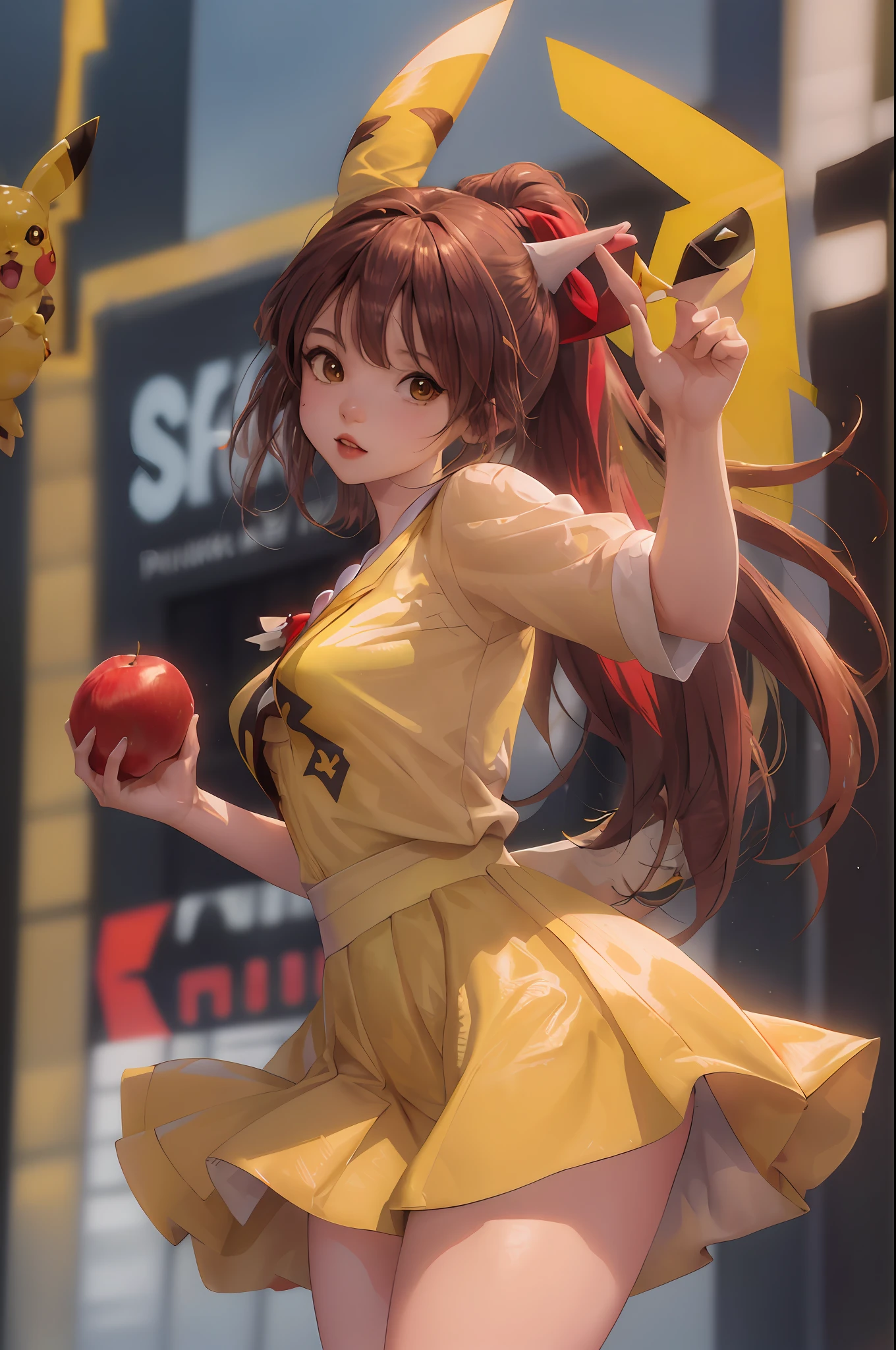 Masterpiece: 1.2, best quality), realistic, (real picture, rich details details, depth of field), (1girl, solo), makeup, cleft lip, high detail, perfect face shape, (small breasts: 1.4), (skindentation), thick thighs, Wide hips, thin waist, tall, coral, red lips, red eyes, ponytail, (((cos-Pikachu girl, wearing Pikachu clothes, holding an apple in her hand, two Pikachu ears on her head, Pikachu's tail behind her))), (sweat: 1.2), sexy, blushing