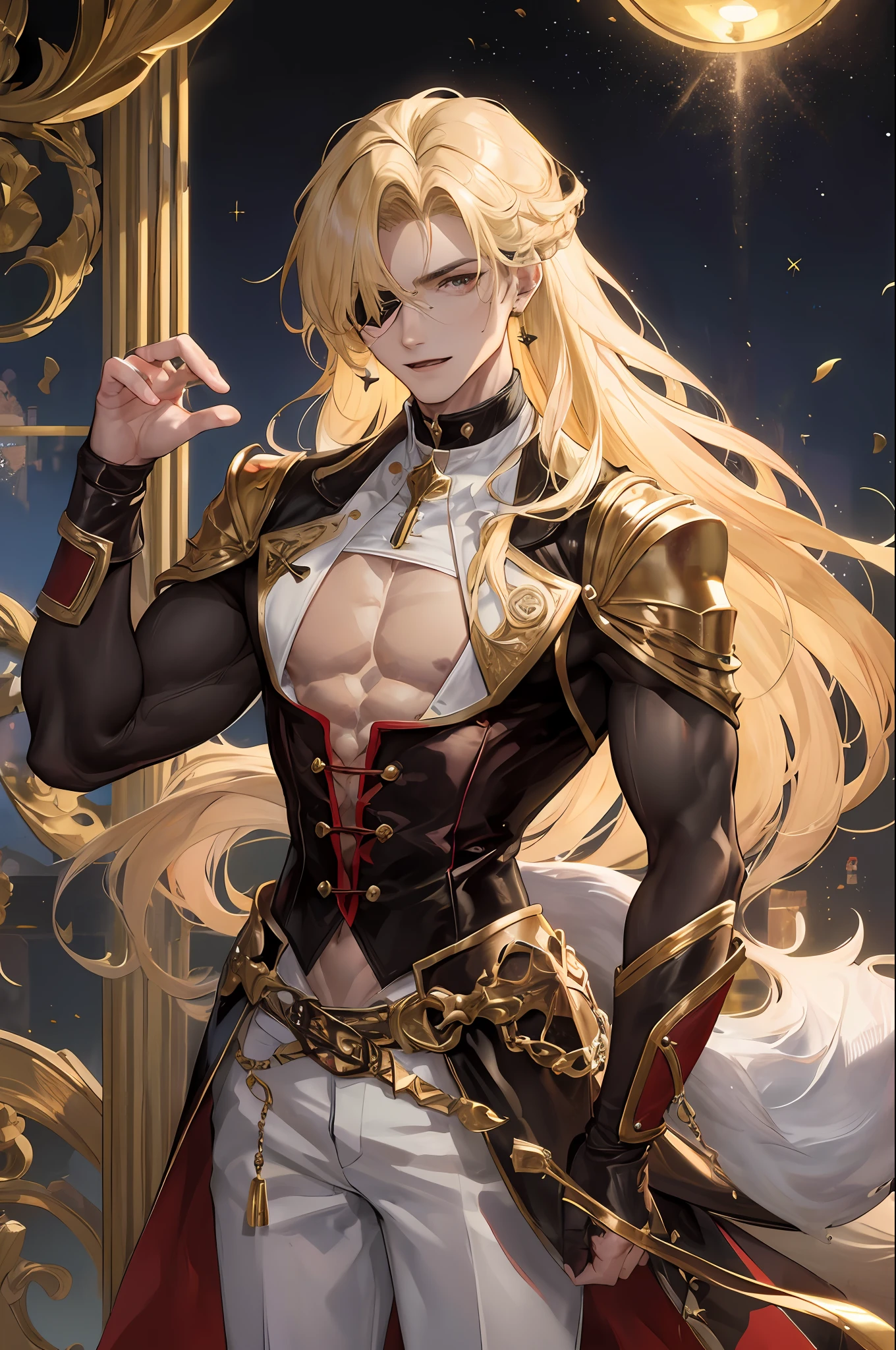 man, masculine, attractive, muscular, ((1man)), masterpiece, absurdres, best quality ,intricate details , (shiny skin, shiny body, shiny oily luster skin, shiny hair, pale skintone), old castle, Sundown, attractive, ((muscular)), adult, one, tattoo ,white blouse, earrings, brown pants, Don't look at the view , Not looking at the view, blonde very long hair, perfect detailed face, perfect detailed hands