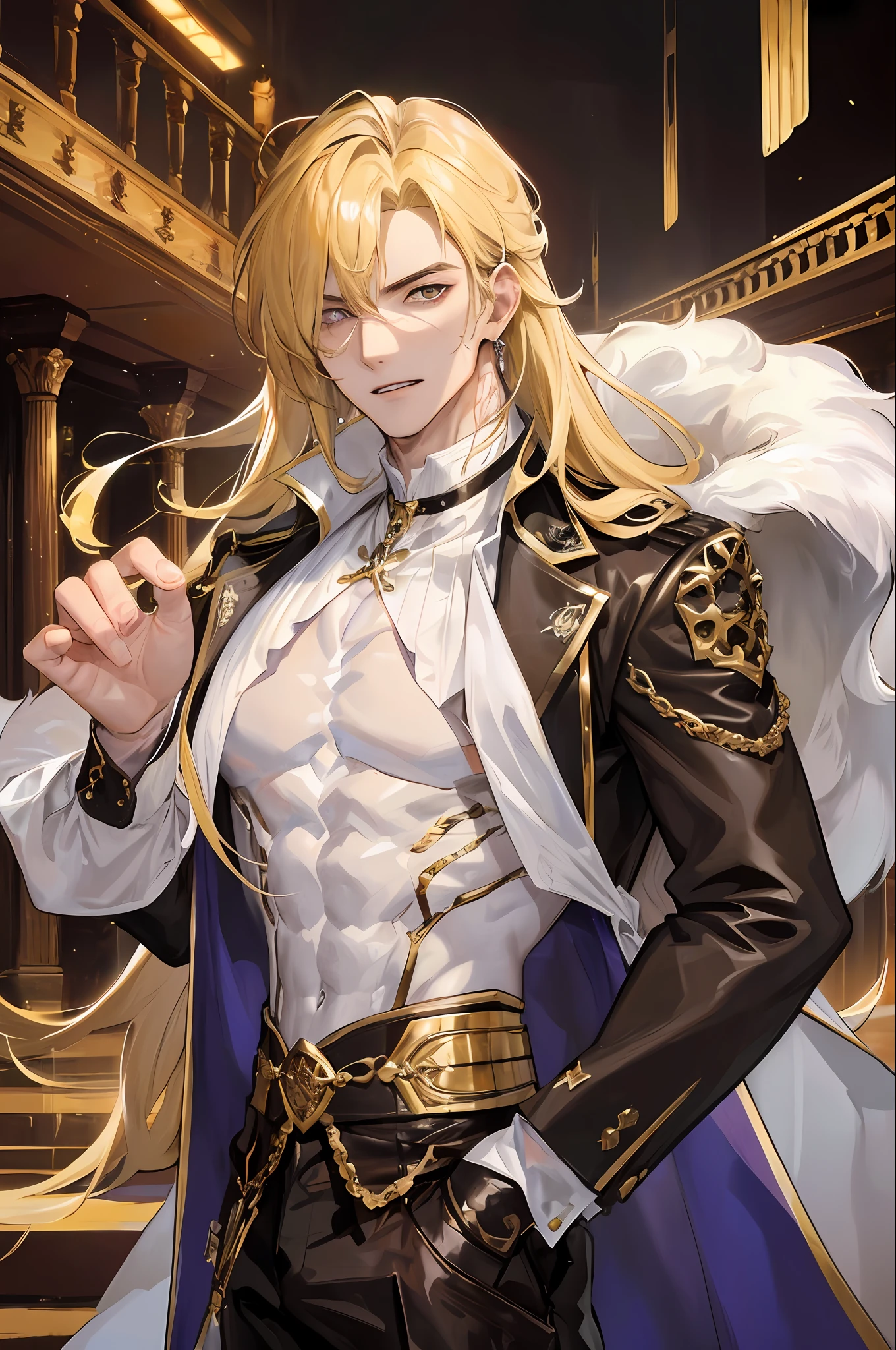 man, masculine, attractive, muscular, ((1man)), masterpiece, vampire, absurdres, best quality ,intricate details , (shiny skin, shiny body, shiny oily luster skin, shiny hair, pale skintone), old castle , Sundown, attractive, ((muscular)), adult, one eye patch, tattoo ,white blouse, earrings, brown pants, Don't look at the view, Not looking at the view, blonde very long hair
