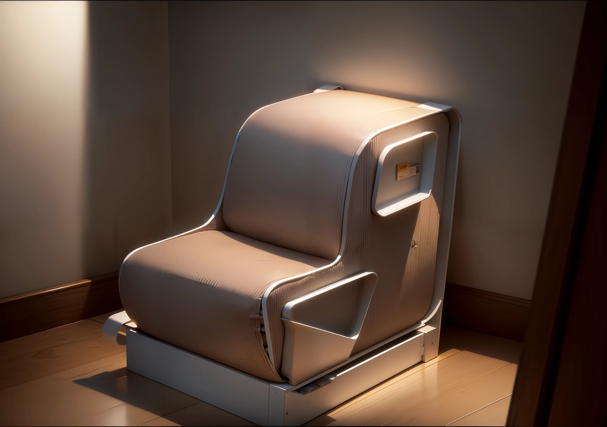 Corrugated chair with drawers in white bedroom High detail, three sided view, pov, cinematic lighting, highres, best quality, 8k --auto --s2