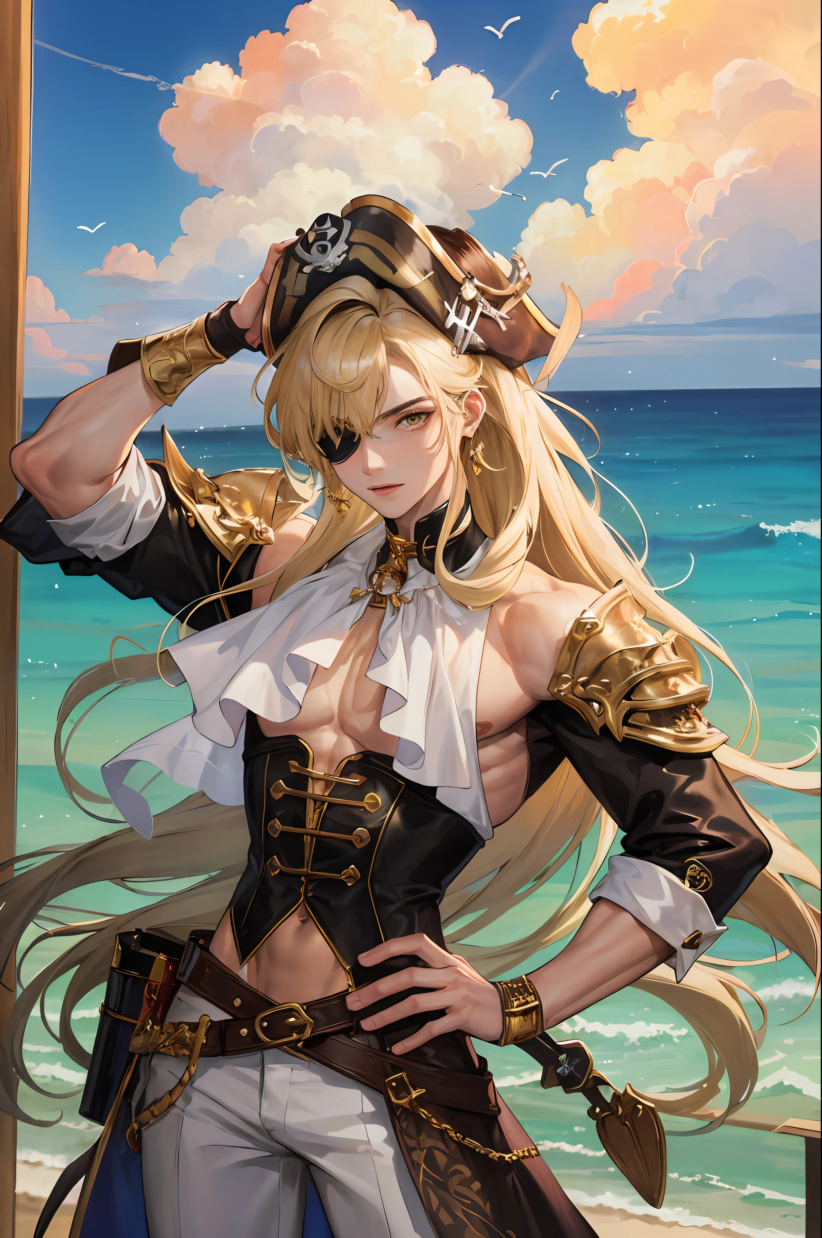 man, masculine, attractive, muscular, ((1man)), masterpiece, absurdres, best quality ,intricate details , (shiny skin, shiny body, shiny oily luster skin, shiny hair, pale skintone), pirate ship , Sundown, attractive, ((muscular)), adult, one eye patch, tattoo ,white blouse, earrings, brown pants, Parrot on the shoulder , Don't look at the view , Not looking at the view, blonde very long hair, perfect detailed face, perfect detailed hands