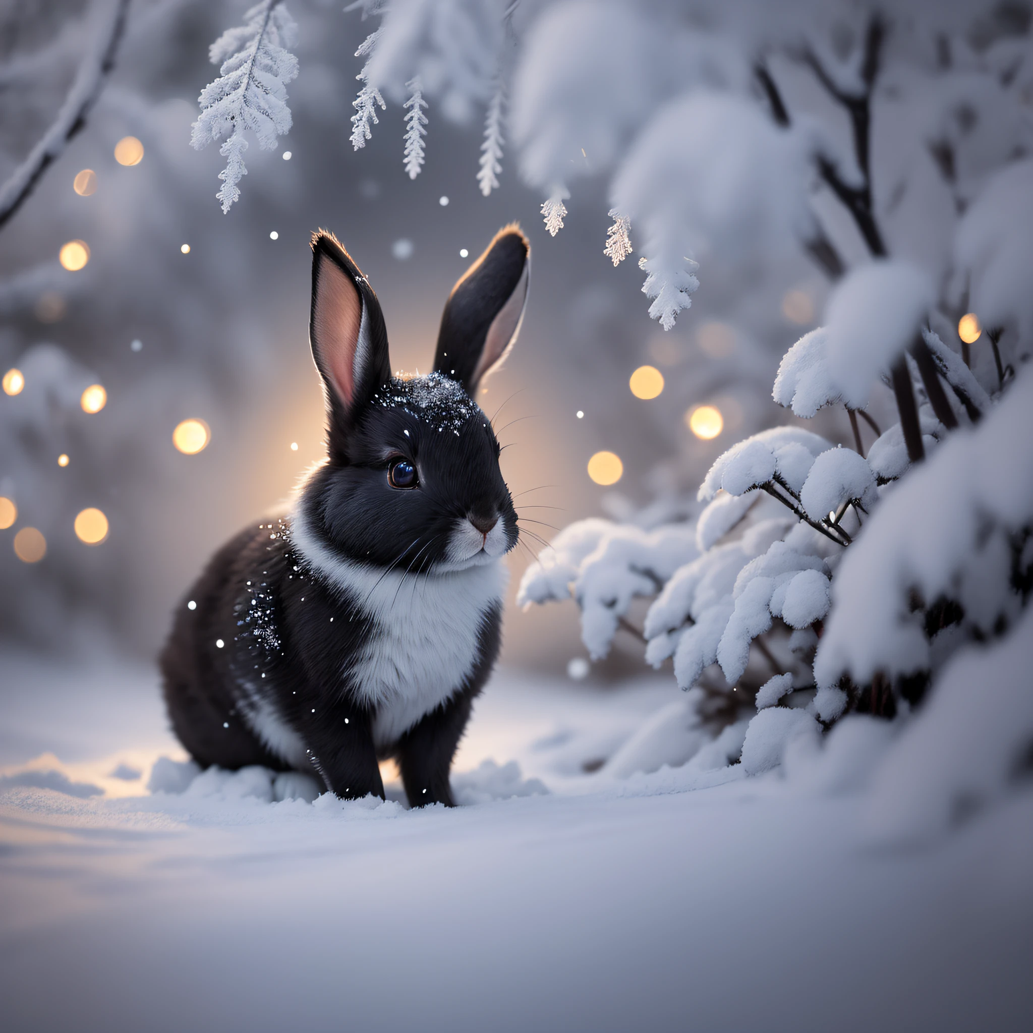 Black, cute, close-up photo of a rabbit, blurred foreground, winter, snowflakes, breathtaking, realistic, masterpiece, volumetric light, backlight, sunlight, glow, soft color, low saturation, furry, firefly, volumetric fog, halo, bloom, center, rule of thirds, 200mm 1.4f macro shot