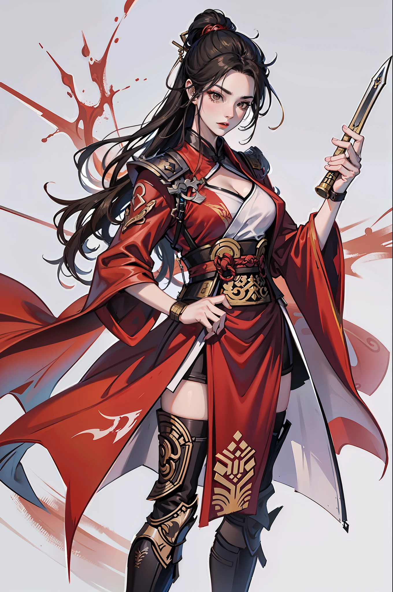 Chinese style, ancient battlefield, an ancient Chinese female general, holding a sword in her hand, grim expression, full body, amazing facial features, red robe, armor, boots, yellow sand in the sky, fleeing crowd, firelight, game model, stunning lighting, C4D, OC rendering, cinematic edge light, delicate light, masterpiece, super detailed, epic composition, super HD, high quality, highest quality, 32k
