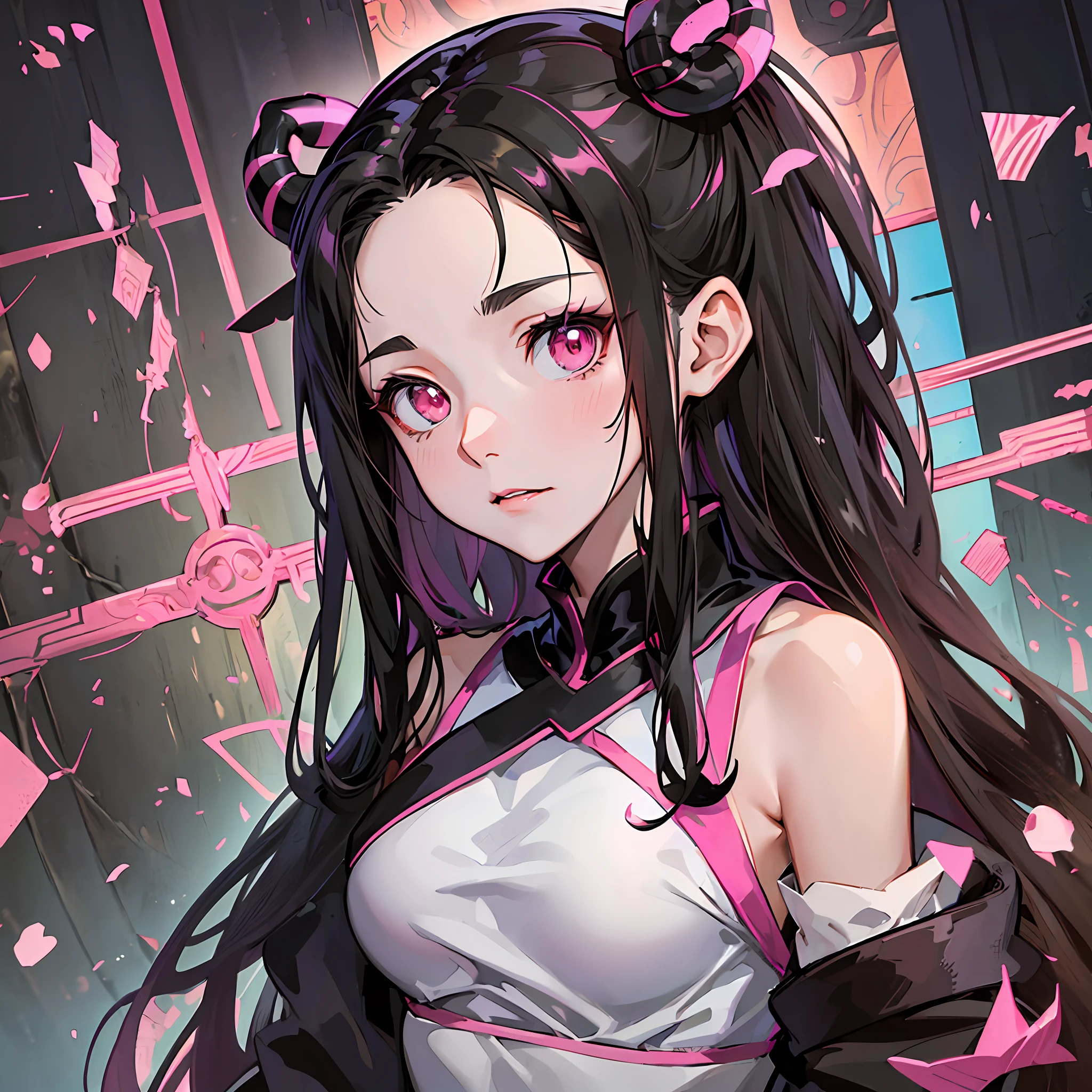 masterpiece, hd, high quality, 1 girl, nezuko, ((anime demon slayer)), anime, looking at the audience, long black hair, orange strands at the ends, pink eyes, medium breasts, black gym top, (( anime demon slayer)), she is looking at the camera --auto --s2