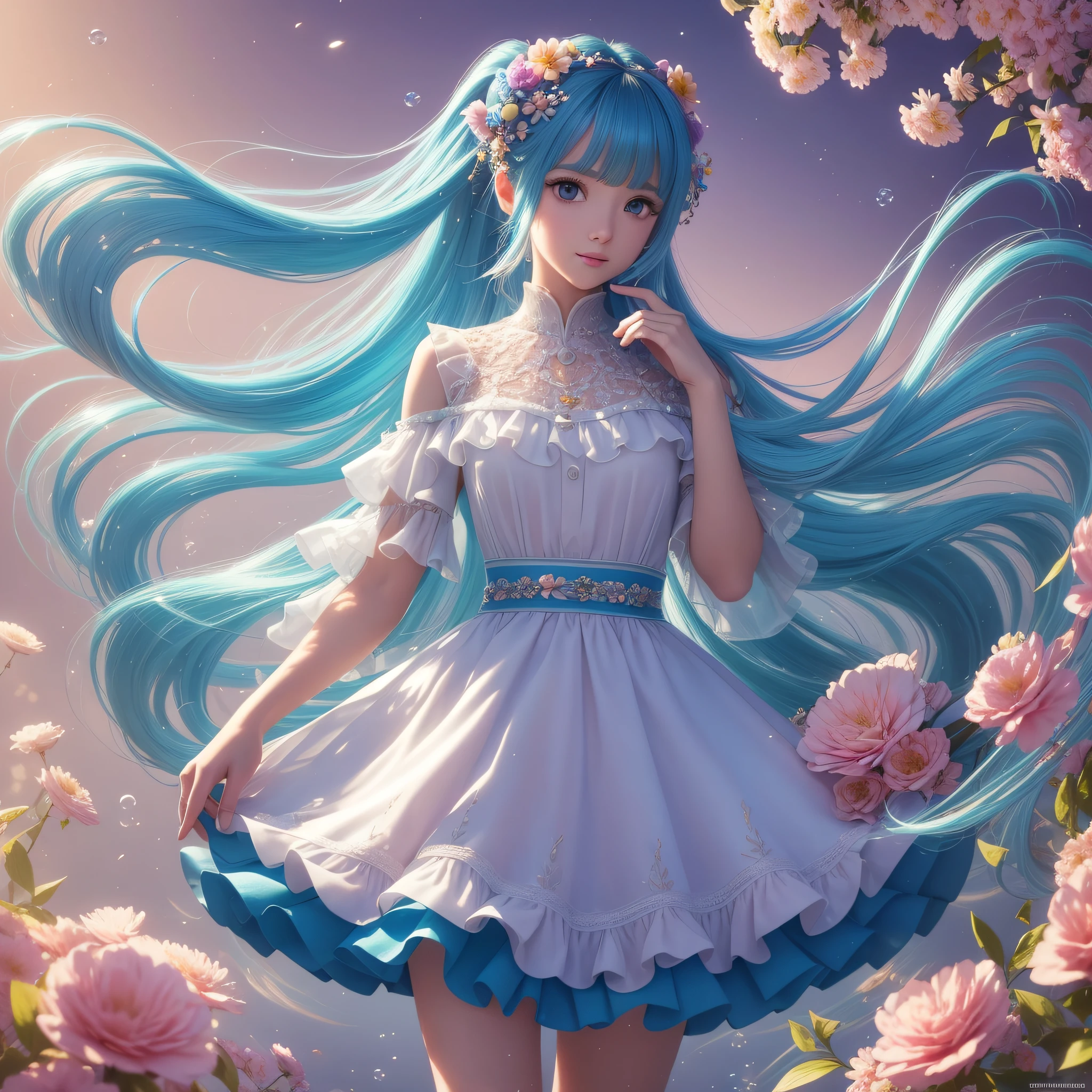 (masterpiece), (best quality), (ultra detailed),(disheed hair),(illustration), (1girl), (Fashionable clothing), standing, Fashion model, looking at viewer, (interview), (simple background), beautiful and delicate eyes, delicate beauty, floating, (high saturation), (colorful splash), colorful bubbles, (shine), focus on face, ponytail, Ayaka Kamisato, light blue hair, bangs, hair circle, floating flowers, flowing hair, (shiny), best lighting, best shadow, full body, vista --auto --s2