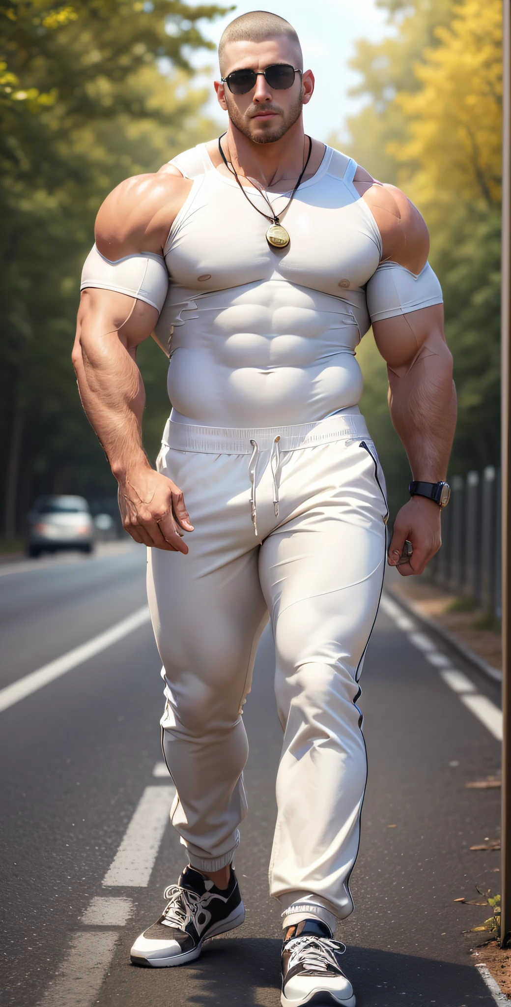 Man in cream white clothes standing in the middle of the sunny highway, American round inch head, Buzz cut, national character face, tall and burly, muscular male hero, heroic male pose, muscular! Wearing sunglasses, skins brand skinny jersey, super buff and cool, high resolution committee, character design morning jogger, sneakers, attractive strong men, sun shining through the woods