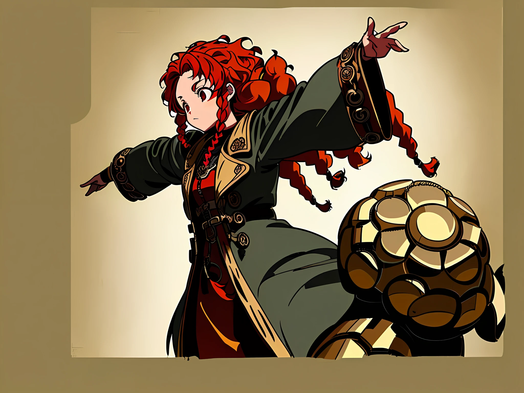 ((masterpiece)),(((best quality)),(character design sheet, same character, front, side, back), illustration, 1 girl, hair color, curly hair, hairstyle with black braids, red eyes, ambient change scene, braids, Zitai pose, Female, steampunk coat, golden details, Charturnbetalora, open arms (simple background, white background