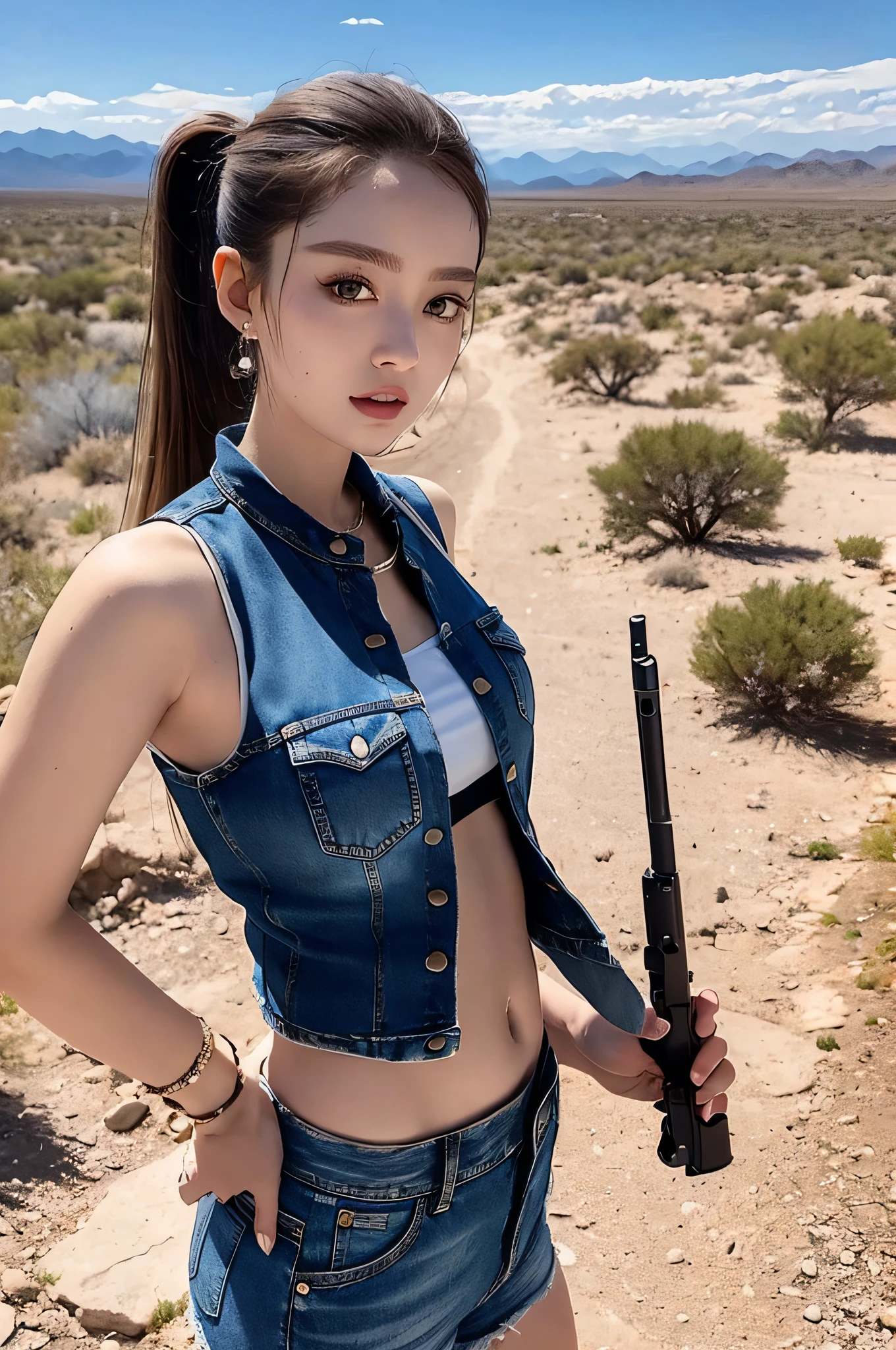 (denim lens), SFW, (masterpiece), (best quality: 1.0), (ultra resolution: 1.0), delicate eyes Broken Artemis YJ, 1 girl, (big) ponytail holding, weapon, shorts, belly, holding a weapon, gun, military, headphones, holding a gun, rifle, pistol, headphones, reality, assault rifle, camouflage, m4 carbine, load-bearing vest, wearing ep tactics break (desert, oasis, outdoors, beautiful view)