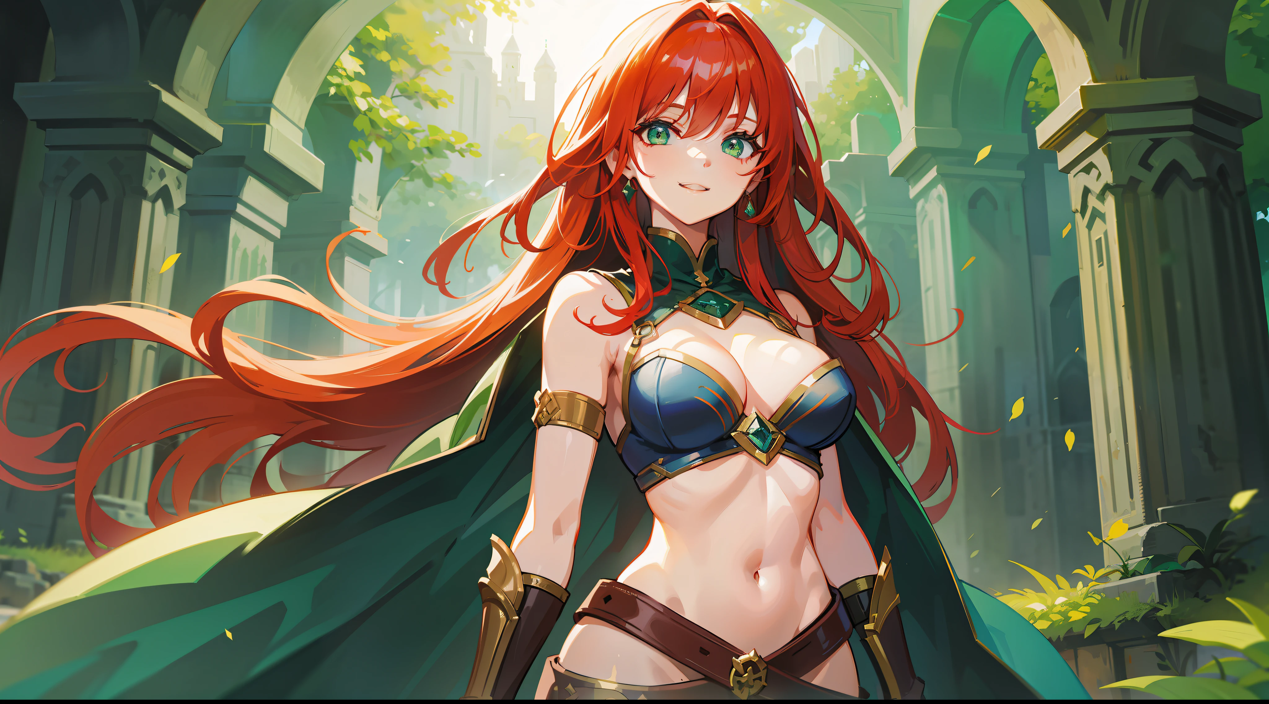 a girl, warrior, redhead, bright green eyes, beautiful , hair between eyes, bangs, full body, confident, heroic posture, smiling, fantasy, medieval, rays of sun