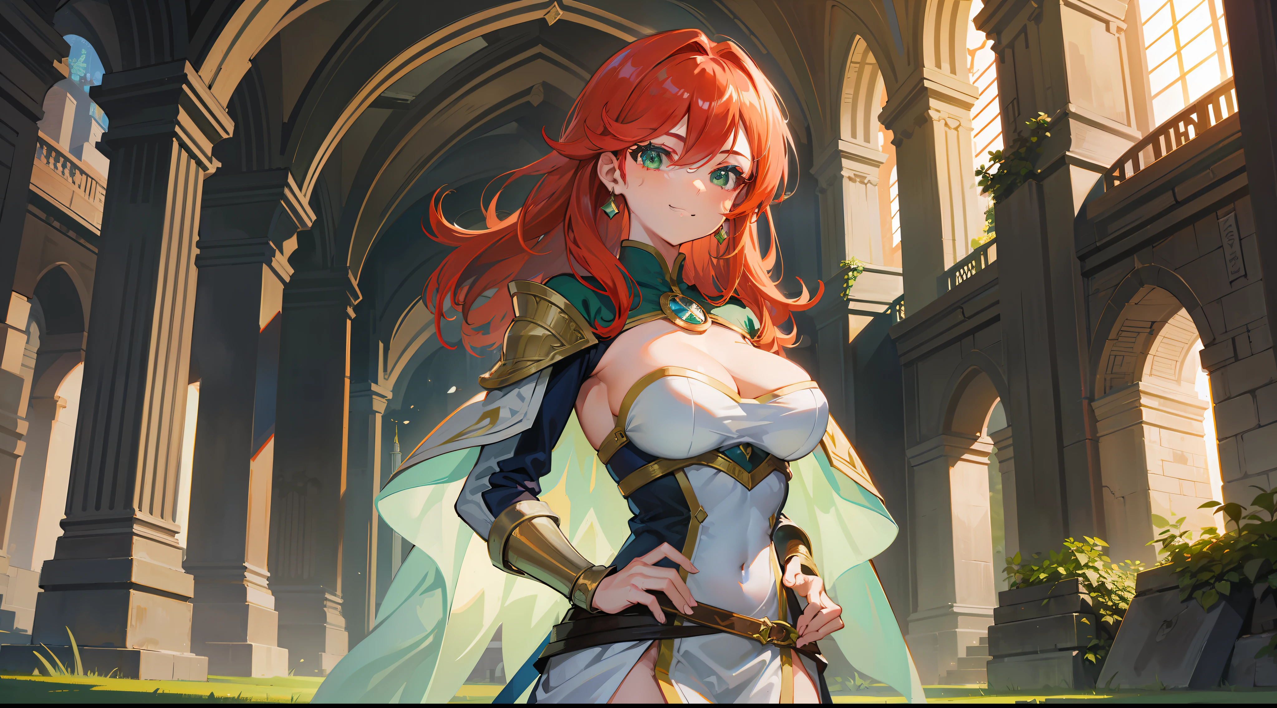 a girl, warrior, redhead, bright green eyes, beautiful breasts, hair between eyes, bangs, full body, confident, heroic posture, smiling, fantasy, medieval, rays of sun