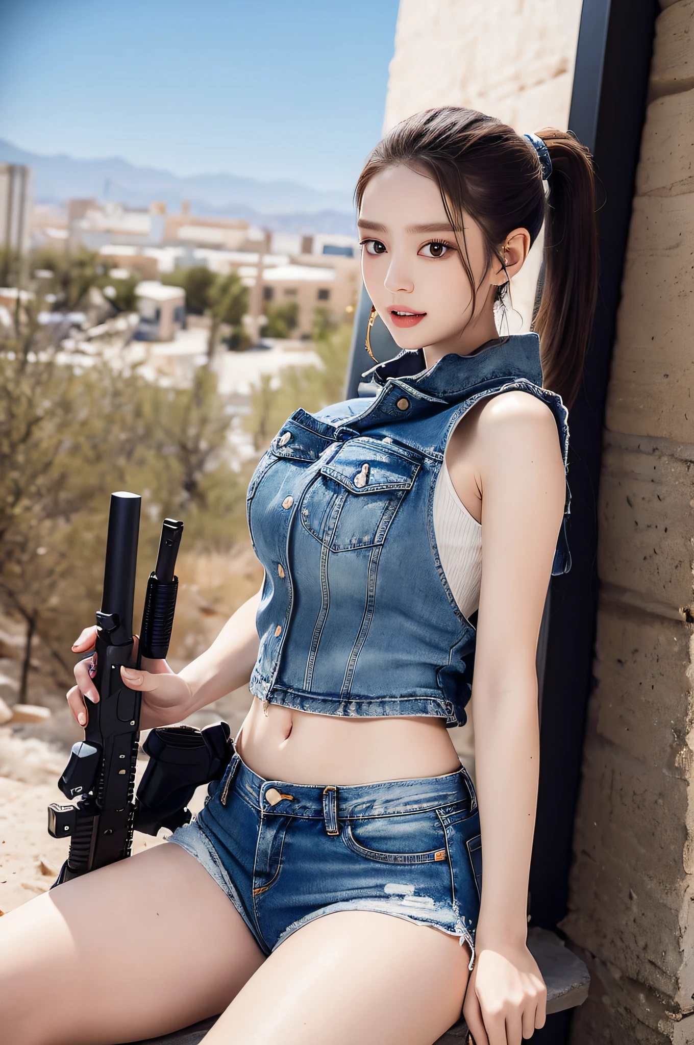 (denim lens), SFW, (masterpiece), (best quality: 1.0), (ultra resolution: 1.0), delicate eyes Broken Artemis YJ, 1 girl, (big) ponytail holding, weapon, shorts, belly, holding a weapon, gun, military, headphones, holding a gun, rifle, pistol, headphones, reality, assault rifle, camouflage, m4 carbine, load-bearing vest, wearing ep tactics break (desert, oasis, outdoors, beautiful view)