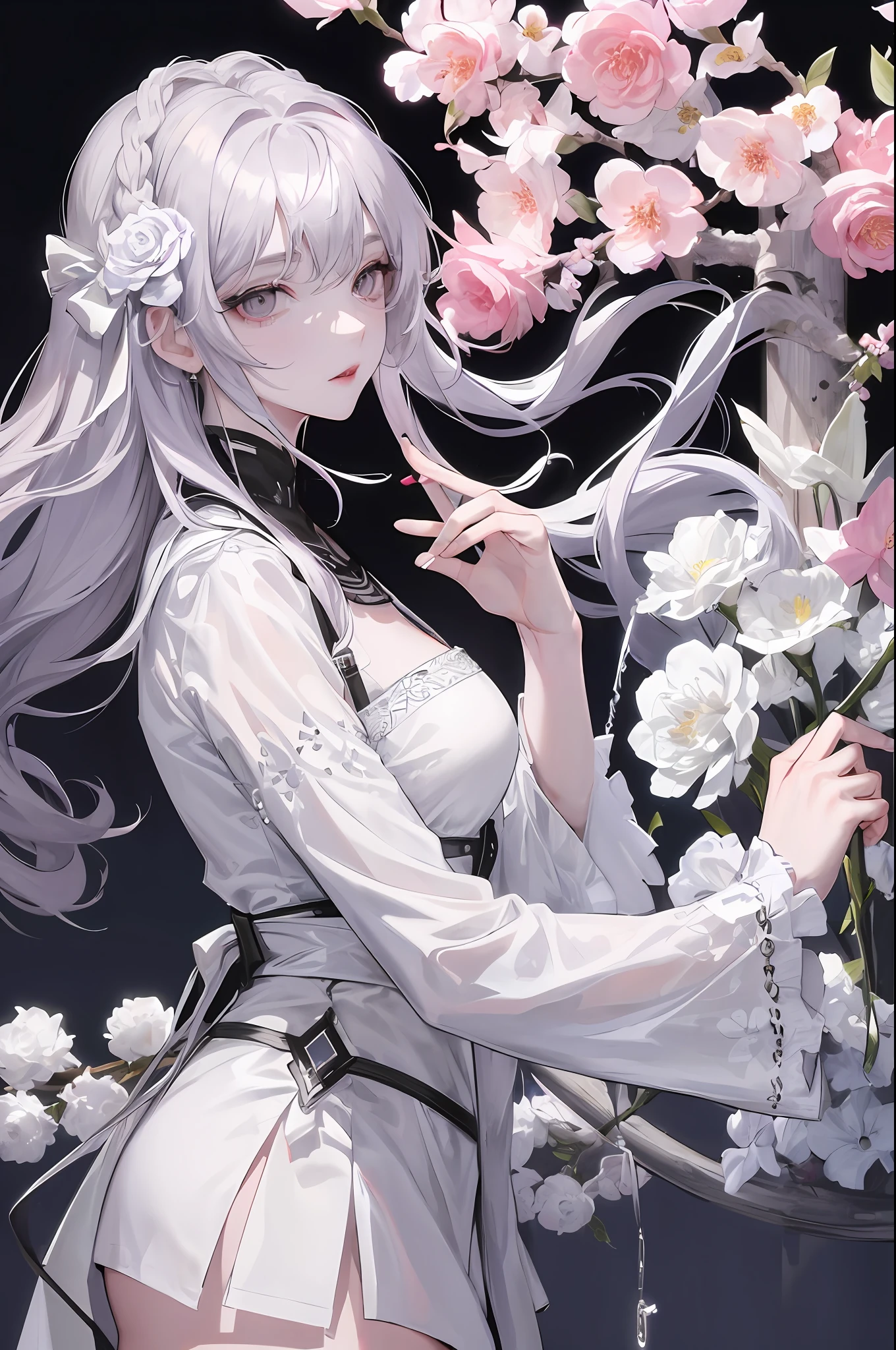 Masterpiece Best Night Full Moon 1 Female Mature Female Elder Sister Yu Sister Cold Face Expressionless Silver White Long Hair Woman Light Pink Lips Calm Intellectual Three Bands Gray Eyes Assassin Short Knife, Flowers, Hand Details, Finger Details,