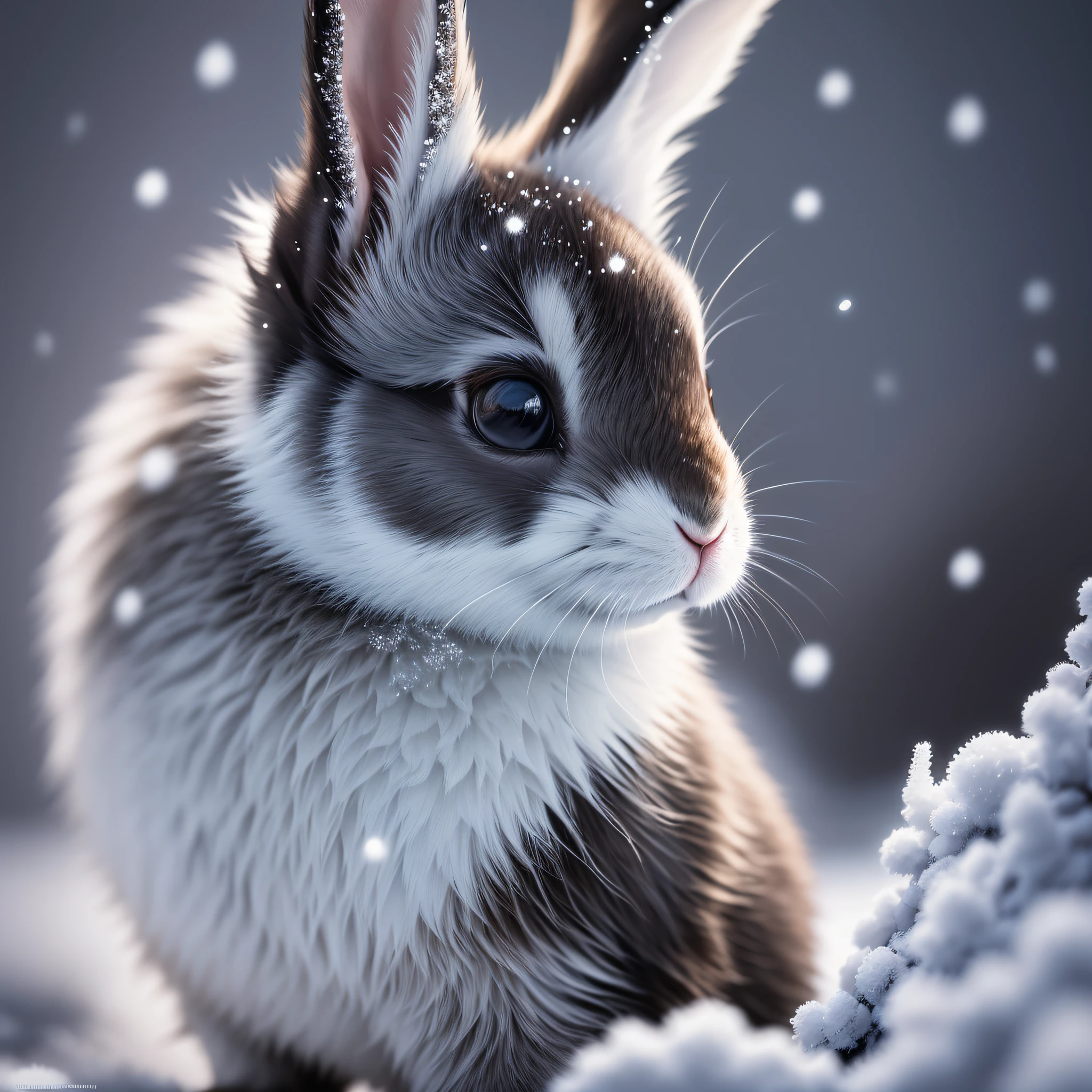 Black, cute, close-up photo of a rabbit, blurred foreground, winter, snowflakes, breathtaking, realistic, masterpiece, volumetric light, backlight, sunlight, glow, soft color, low saturation, furry, firefly, volumetric fog, halo, bloom, center, rule of thirds, 200mm 1.4f macro shot