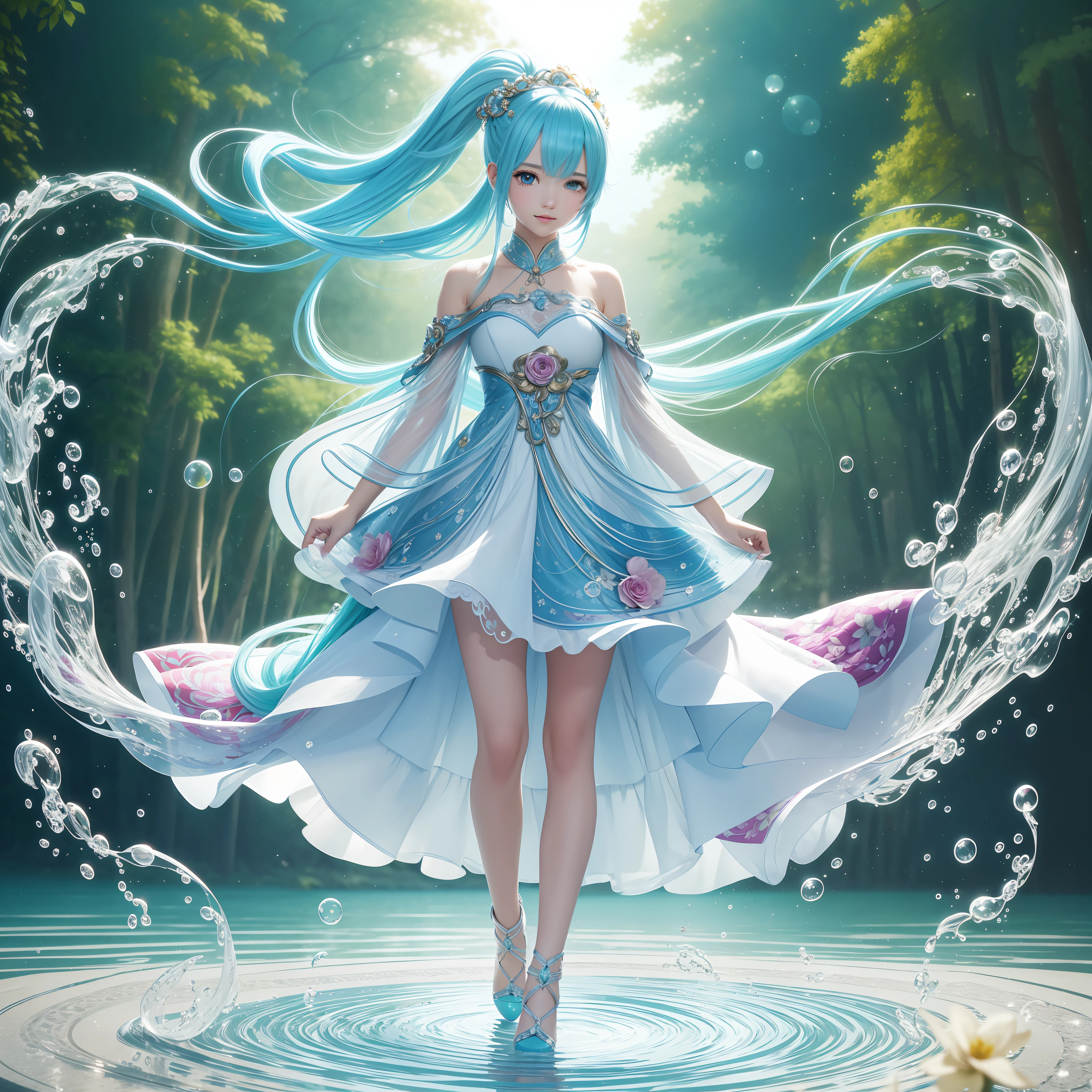 (masterpiece), (best quality), (ultra detailed),(disheed hair),(illustration), (1girl), (Fashionable clothing), standing, Fashion model, looking at viewer, (interview), (simple background), beautiful and delicate eyes, delicate beauty, floating, (high saturation), (colorful splash), colorful bubbles, (shine), focus on face, ponytail, Ayaka Kamisato, light blue hair, bangs, hair circle, floating flowers, flowing hair, (shiny), best lighting, best shadow, full body, vista --auto --s2