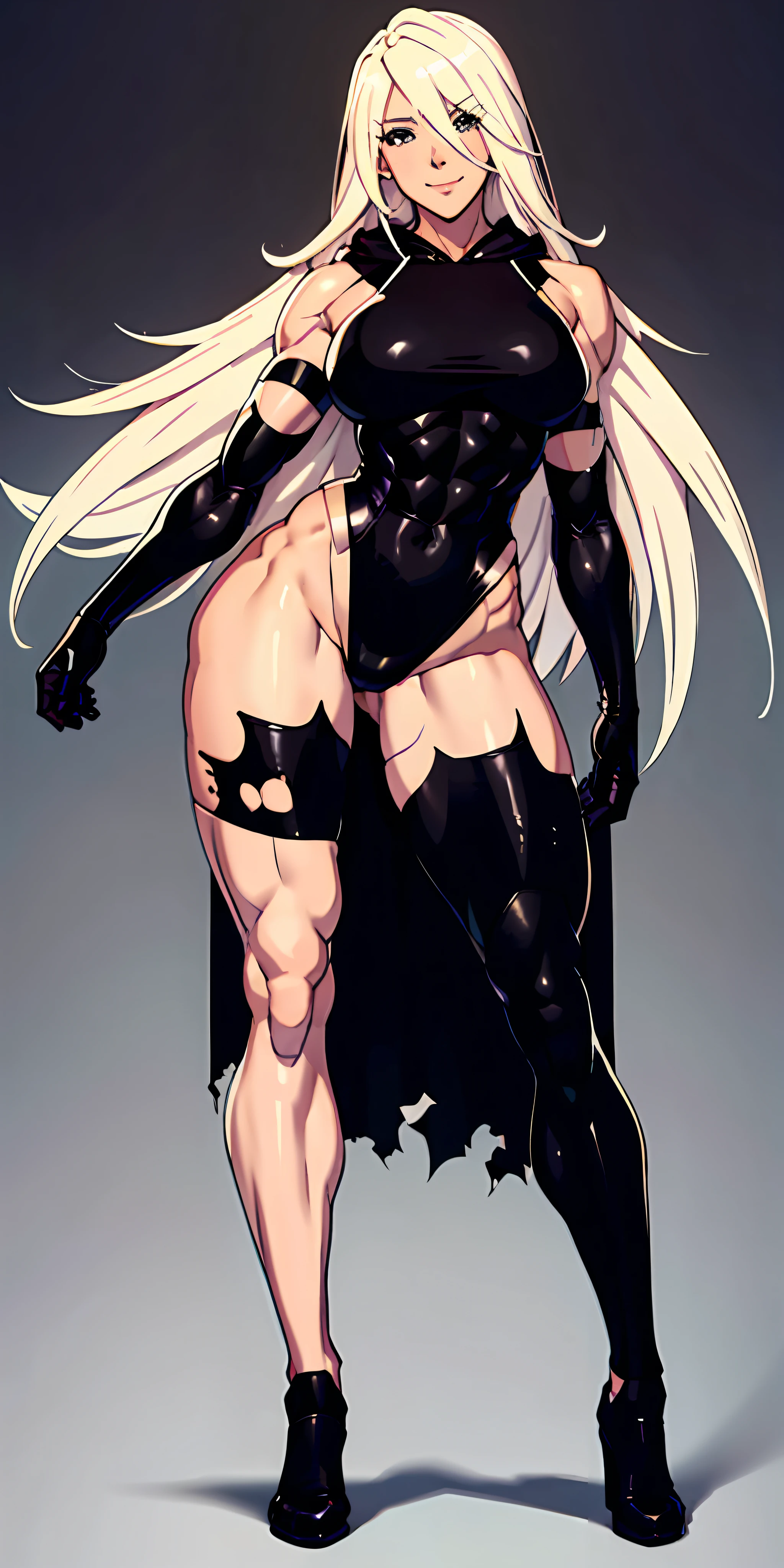 anime waifu bodybuilder, beautiful face, smiling face, perfect body, fit body, looking at the viewer, posing with strong arms, abdomen, large breasts, muscular, ((hair) long and blonde), ((clothing) white color tight swimsuit, torn), (torn cape at the tip covering the body of black color, and hood covering the head of black color), character A2,  (white and torn bandages on the arms and legs), (((bottom view)))