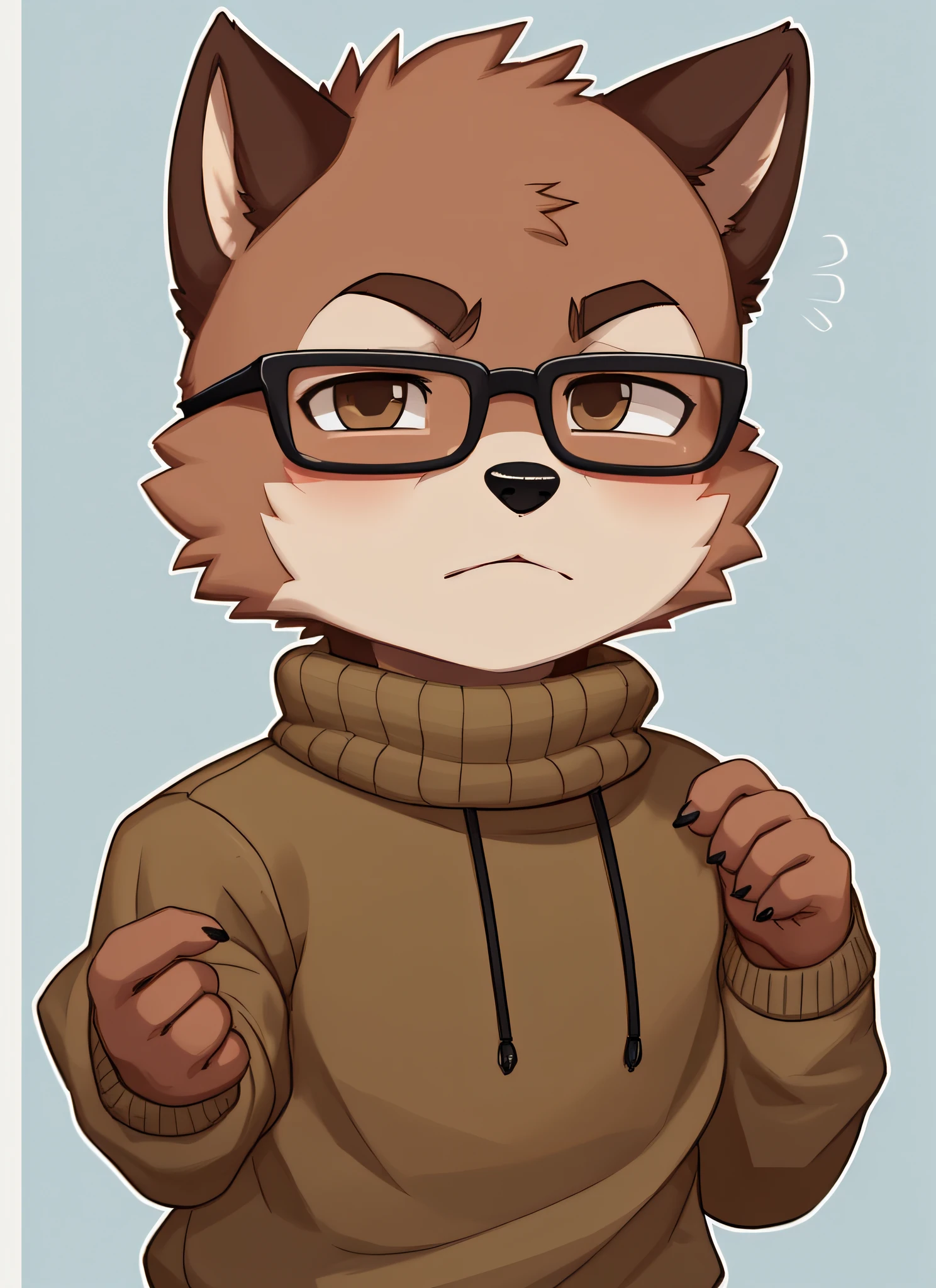 male, furry, (1boy), brown wolf, glasses, sweater, 🤘hand, unhappy, ((bald head)), snub nose, (white eyebrows), young boy, (chibi face):0.5