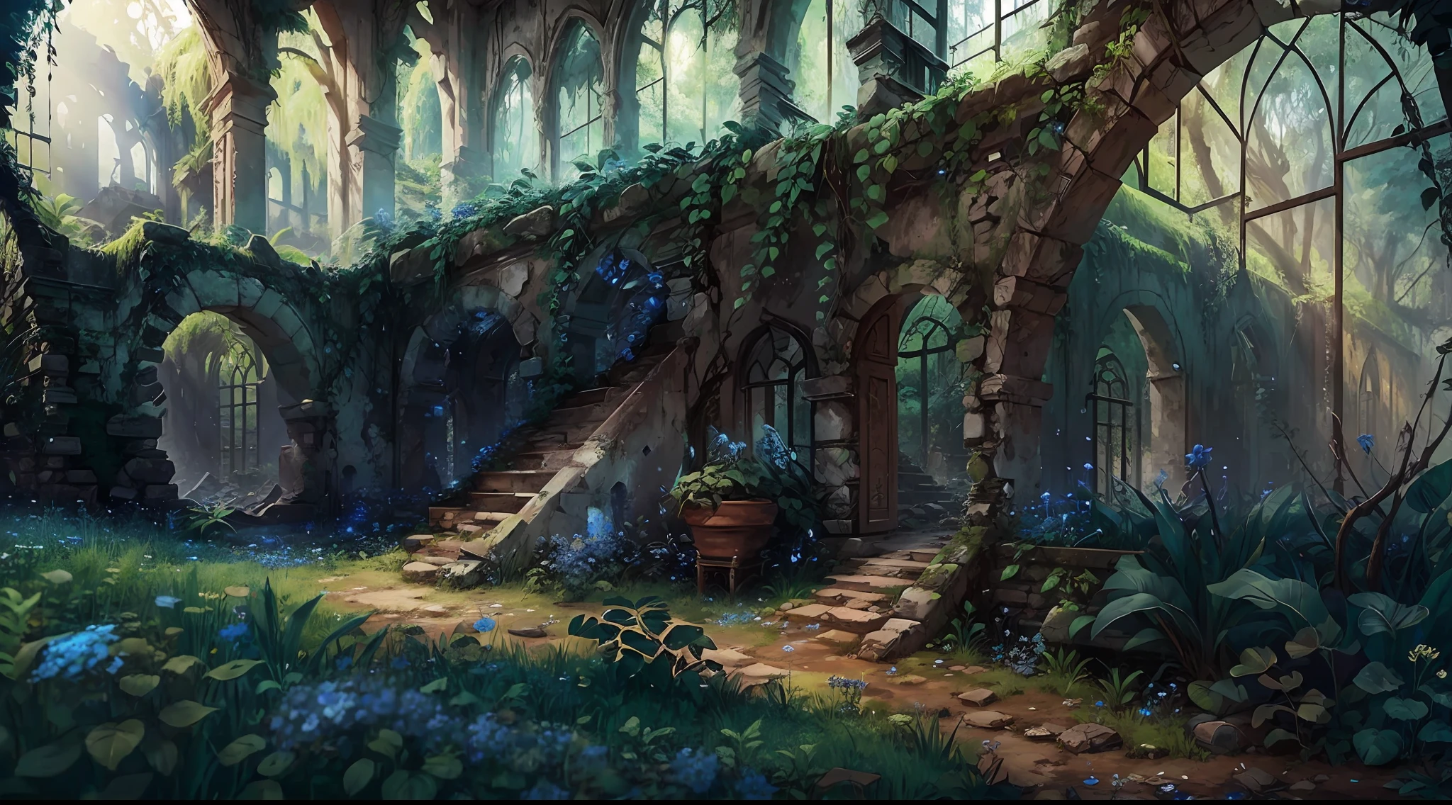 ruins overgrown with plants, a lot of leaves, small blue glowing flowers, fabulous landscape, realism, masterpiece, 8k, maximum detail --auto --s2