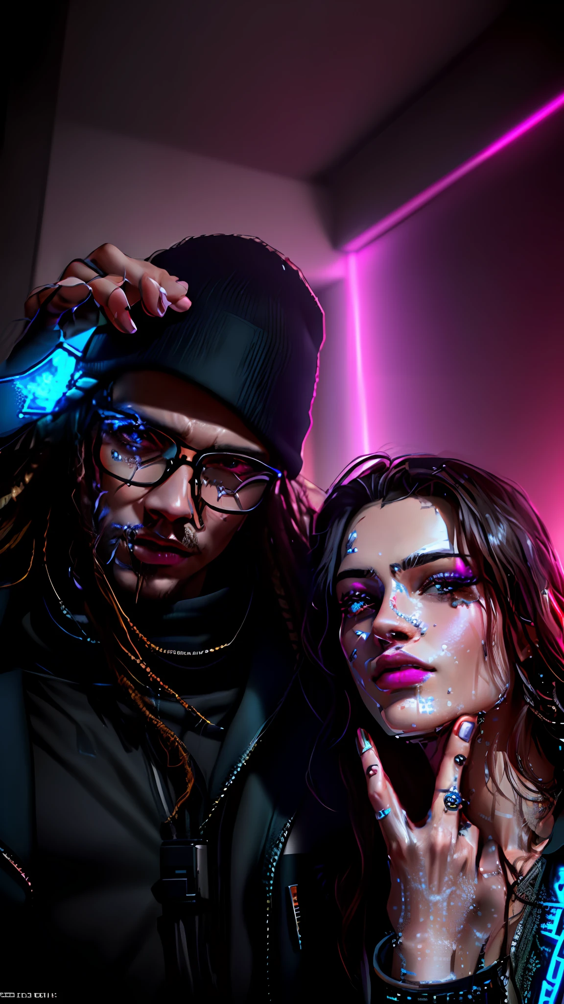 they are posing for a picture with a woman making a face, charli bowater and artgeem, post malone, profile image, thomas danthony and malika favre, tyler edlin and natasha tan, julia hetta, profile pic, snapchat photo, james jean and petra cortright, profile picture, margot robbie, charli bowater, 8 0 s asian neon movie still, charli xcx, movie still of a tired, brandon woelfel, shot from movie, charli bowater and artgeem, full color still, 8 0 s neon movie still, still from the movie, production still, brown hair, makeup, glowing eyes, beautiful eyes, detailed eyes, glowing skin, hand tattoo, nails, jewels, rings, earrings, big earrings, crystals, shiny, RAW, beautiful man, half-open strawberry lips, dimples, wistful look, (white dreads), ((detailed face)), ((detailed facial features)), (finely detailed skin), pale skin, (the megacity cyberpunk environment, neon lights, skyscrapers), ((in a dark hallway)), soft natural light, wet skin, cyberpunk megacity environment, (cool colors), damp, reflections, (masterpiece) (perfect aspect ratio), (realistic photo), (best quality), (detailed) photographed on a Canon EOS R5, 50mm lens, F/2.8, HDR, (8k) (wallpaper) (cinematic lighting) (dramatic lighting) (sharp focus) (intricate), RAW photo, RAW photo, gigachad photo, posing for camera, black jeans, arms behind, 8k uhd, dslr, high quality, film grain, Fujifilm XT3, extremely detailed, photorealistic, realistic, incredibly absurd, highly detailed, sharp focus, (Professional Studio Lighting), (Professional Color Grading), Edge Lighting, Dramatic lighting, Cinematic lighting, Lumen reflections, Soft natural lighting, Soft color, Photon mapping, Radiosity, (Beautiful eyes), (Detailed eyes), (Detailed face), symmetrical eyes, sharp eyes, cold face, full body), (HIGH LEVEL OF DETAIL),(wet, oil-lubricated), armor, best quality, ultra high res, (photorealistic: 1.4) high resolution, detailed, raw photo, sharp re, by lee jeffries nikon d850