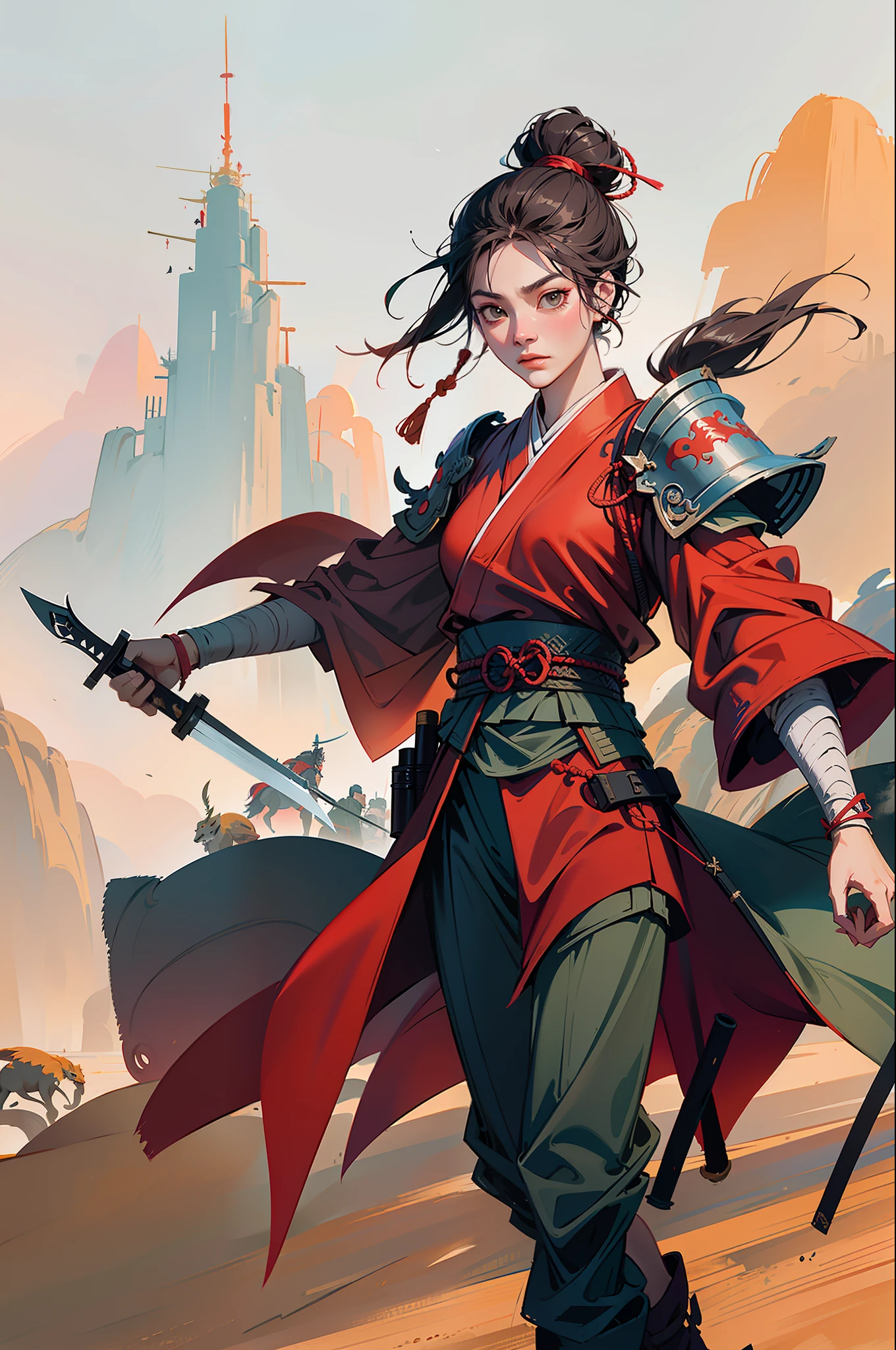 Chinese style, ancient battlefield, an ancient Chinese female general, holding a sword in her hand, grim expression, full body, amazing facial features, red robe, armor, boots, yellow sand in the sky, fleeing crowd, firelight, game model, stunning lighting, C4D, OC rendering, cinematic edge light, delicate light, masterpiece, super detailed, epic composition, super HD, high quality, highest quality, 32k