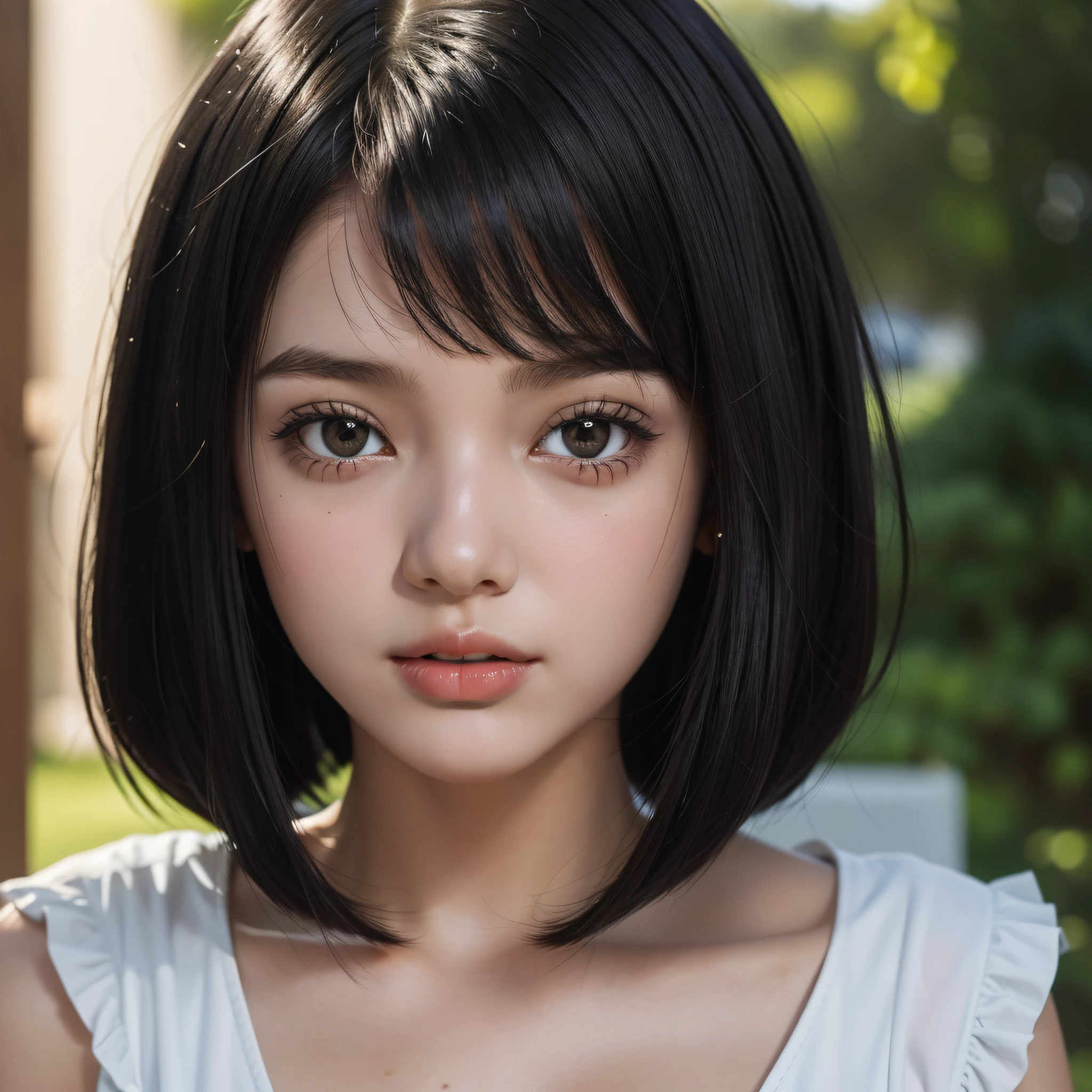 Close-up shot of cute young girl from the front of her eyes "Her hair is black, with a bob cut." "Her eyes are black and she has no accessories." "Full screen close-up of face" Beautiful natural light lighting