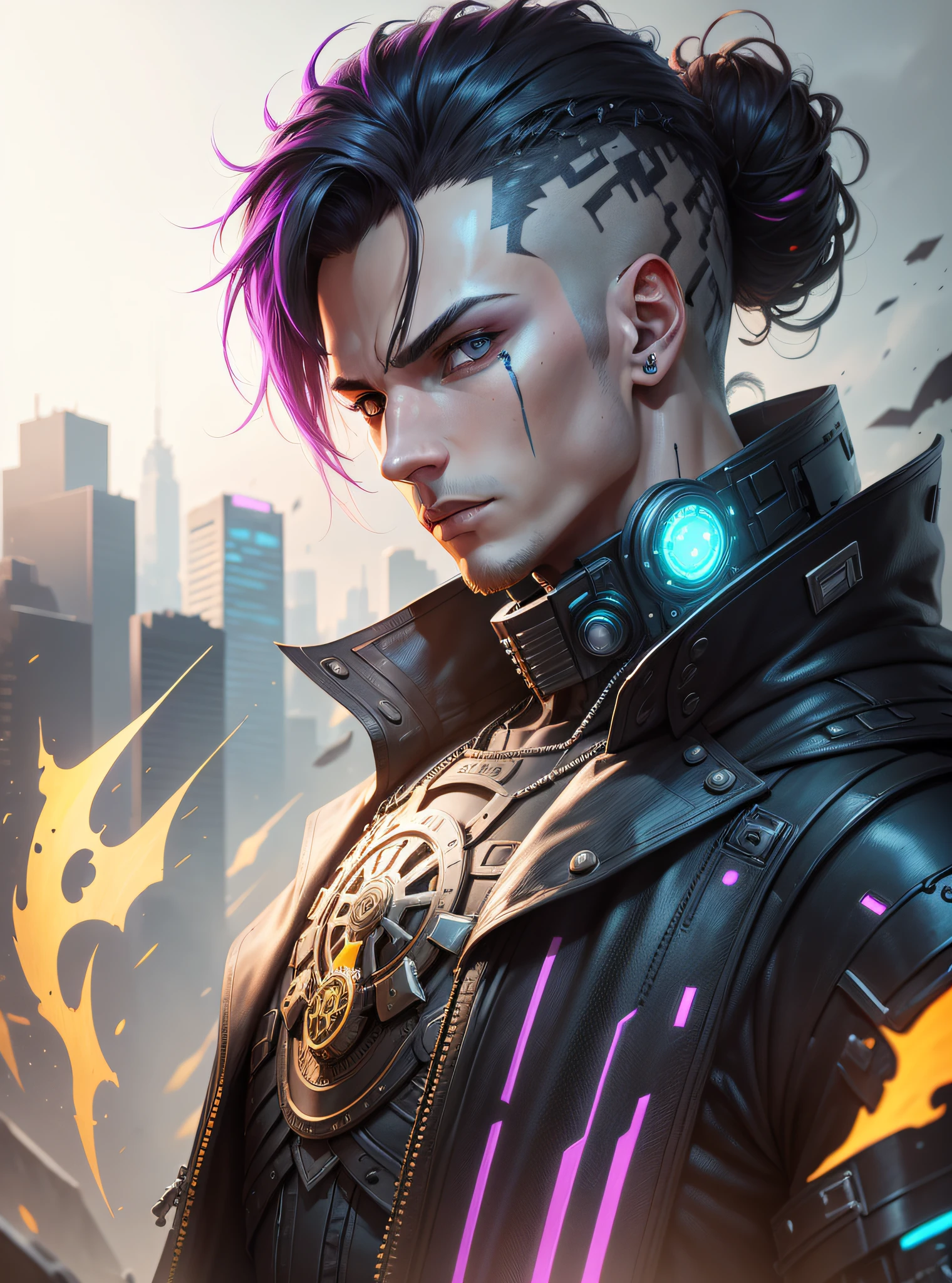 Male cyberpunk, fantasy world, dark background, clean design, epic instagram, artstation, colorful ink splashes, silhouette, hyper detailed intricate details, unreal engine, fantasy, intricate details, home screen, complementary colors, fantasy concept art, 8k resolution, deviantart masterpiece, oil painting, heavy strokes, ink drips, (isolated on white background: 1.3) --auto --s2