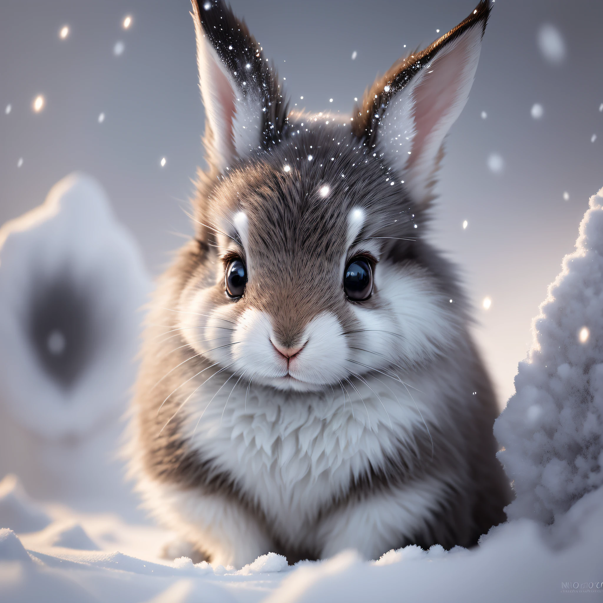 Black, cute, close-up photo of a rabbit, blurred foreground, winter, snowflakes, breathtaking, realistic, masterpiece, volumetric light, backlight, sunlight, glow, soft color, low saturation, furry, firefly, volumetric fog, halo, bloom, center, rule of thirds, 200mm 1.4f macro shot