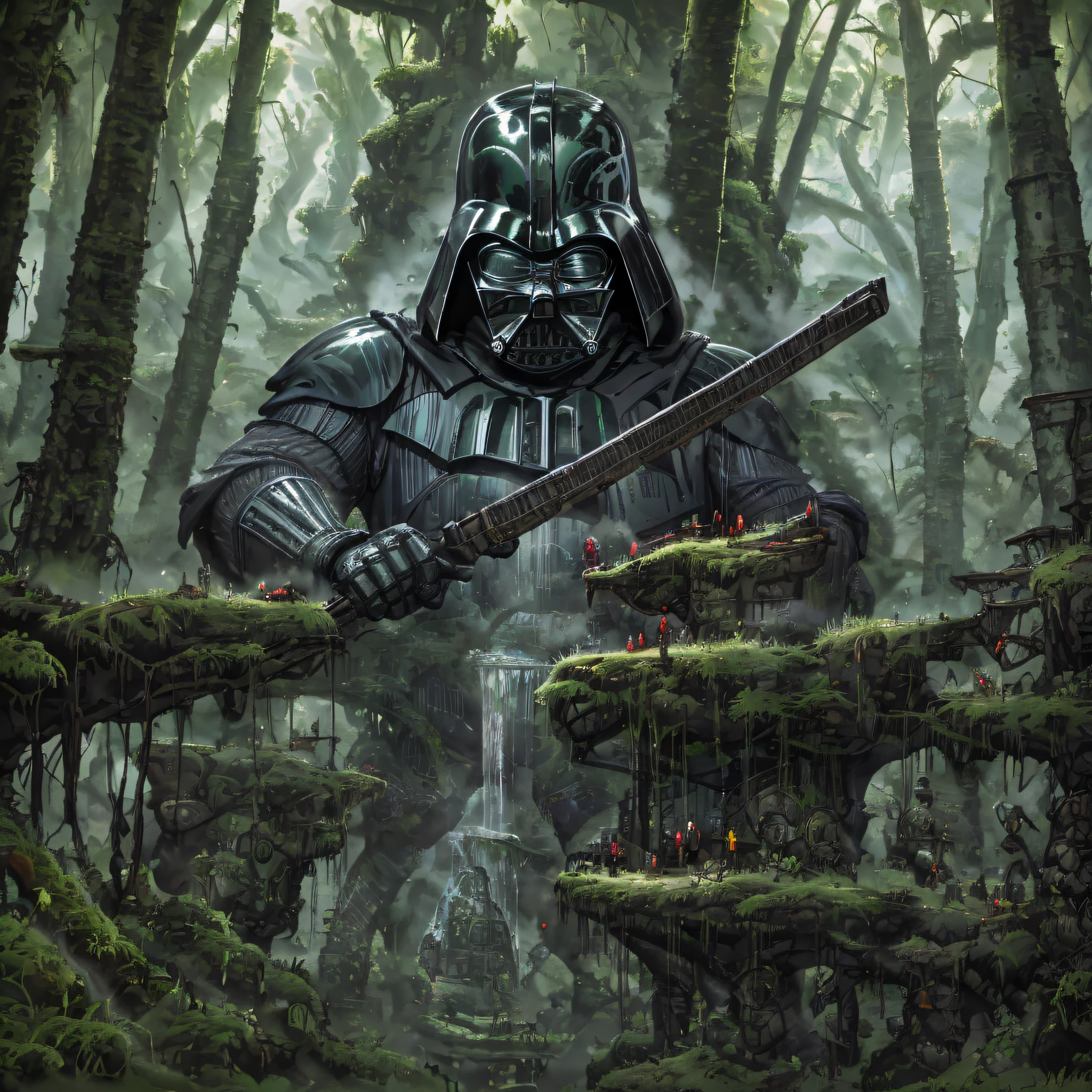 Darth vader cutting down trees, rainforest, 4k, ultra realistic --auto --s2