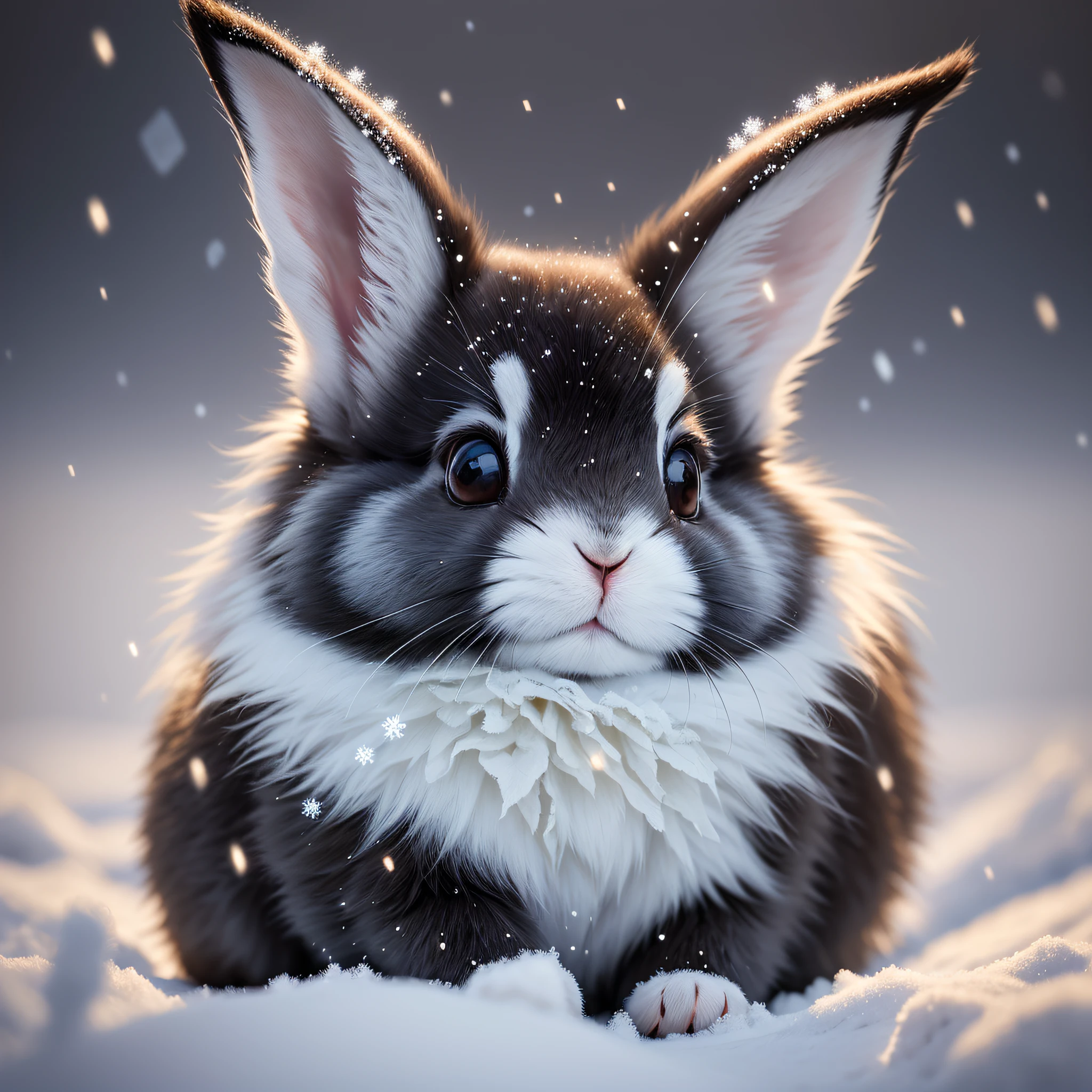 Black, cute, close-up photo of a rabbit, blurred foreground, winter, snowflakes, breathtaking, realistic, masterpiece, volumetric light, backlight, sunlight, glow, soft color, low saturation, furry, firefly, volumetric fog, halo, bloom, center, rule of thirds, 200mm 1.4f macro shot