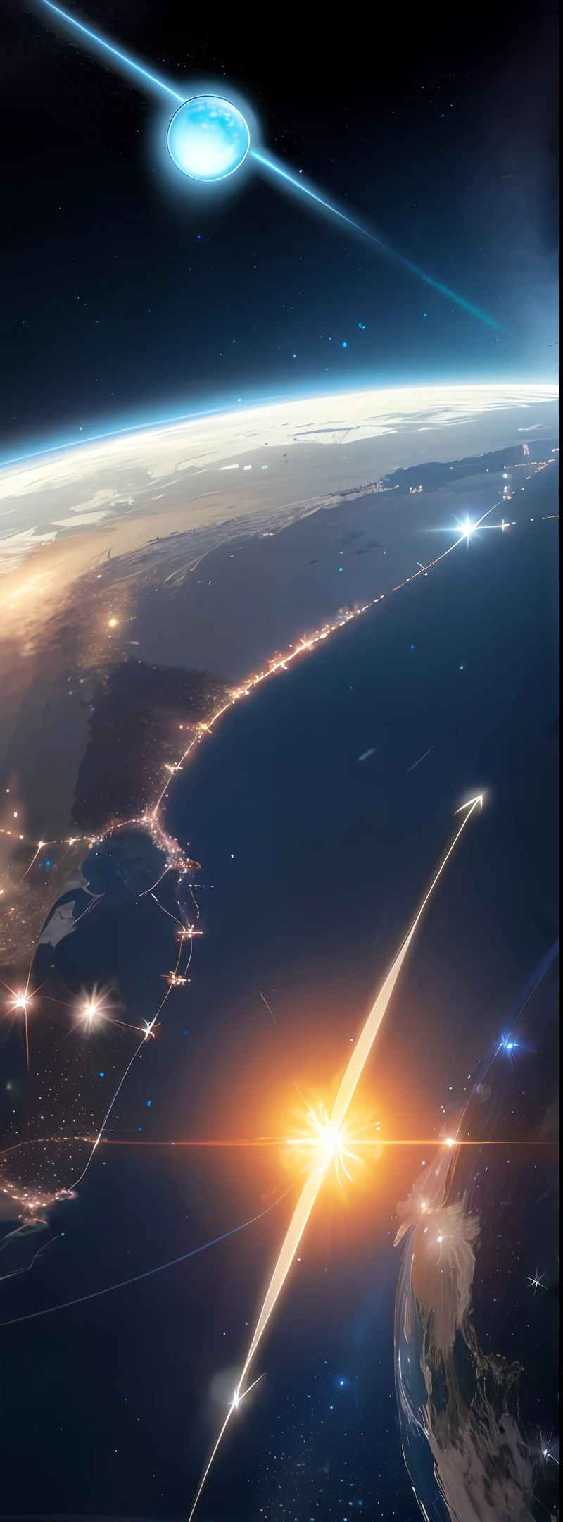 Create planet with day view and night with night lights in cities. In space, two nearby stars. All in a hypothetical solar system with two stars