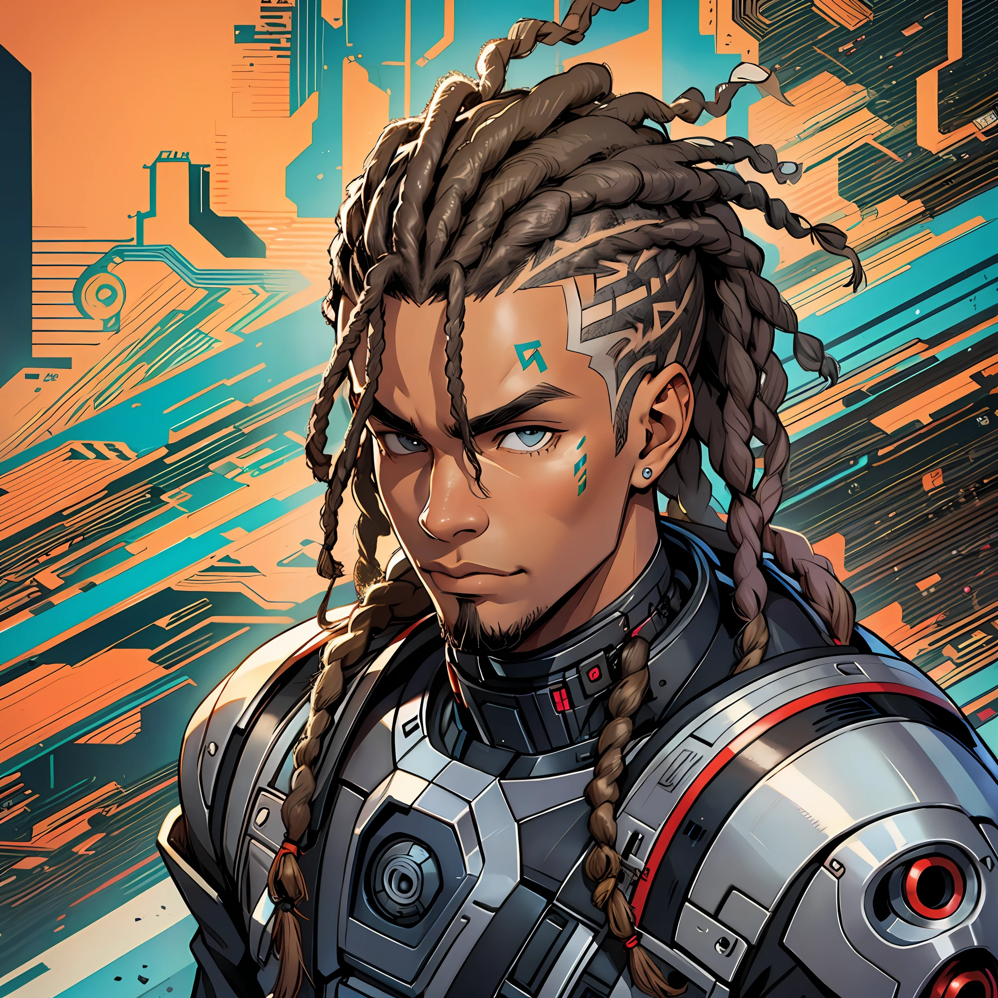 Young, black man, dreadlock cyborg, with shaved hair on the side