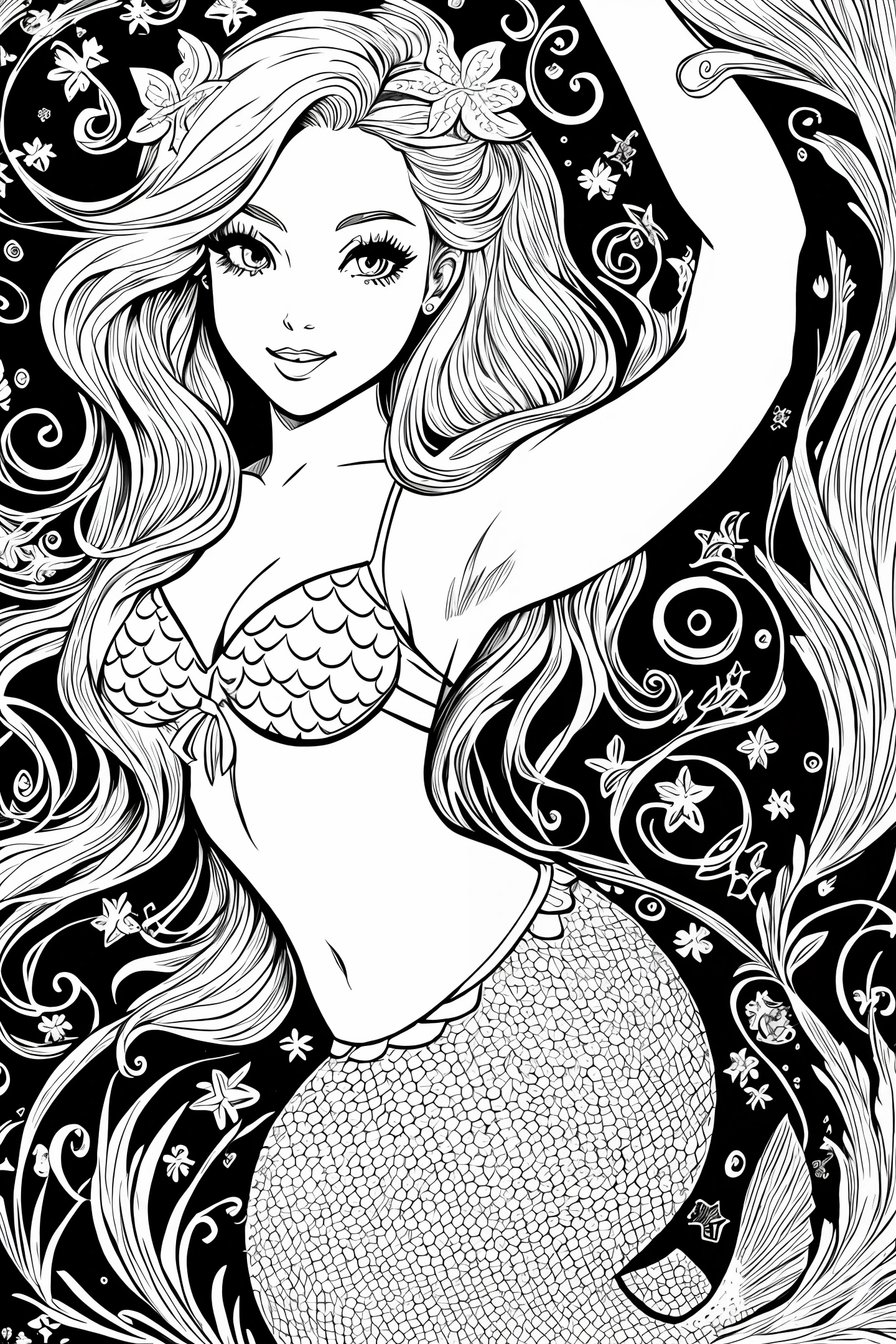 Mermaid Ariel Black and White Drawing Coloring Style