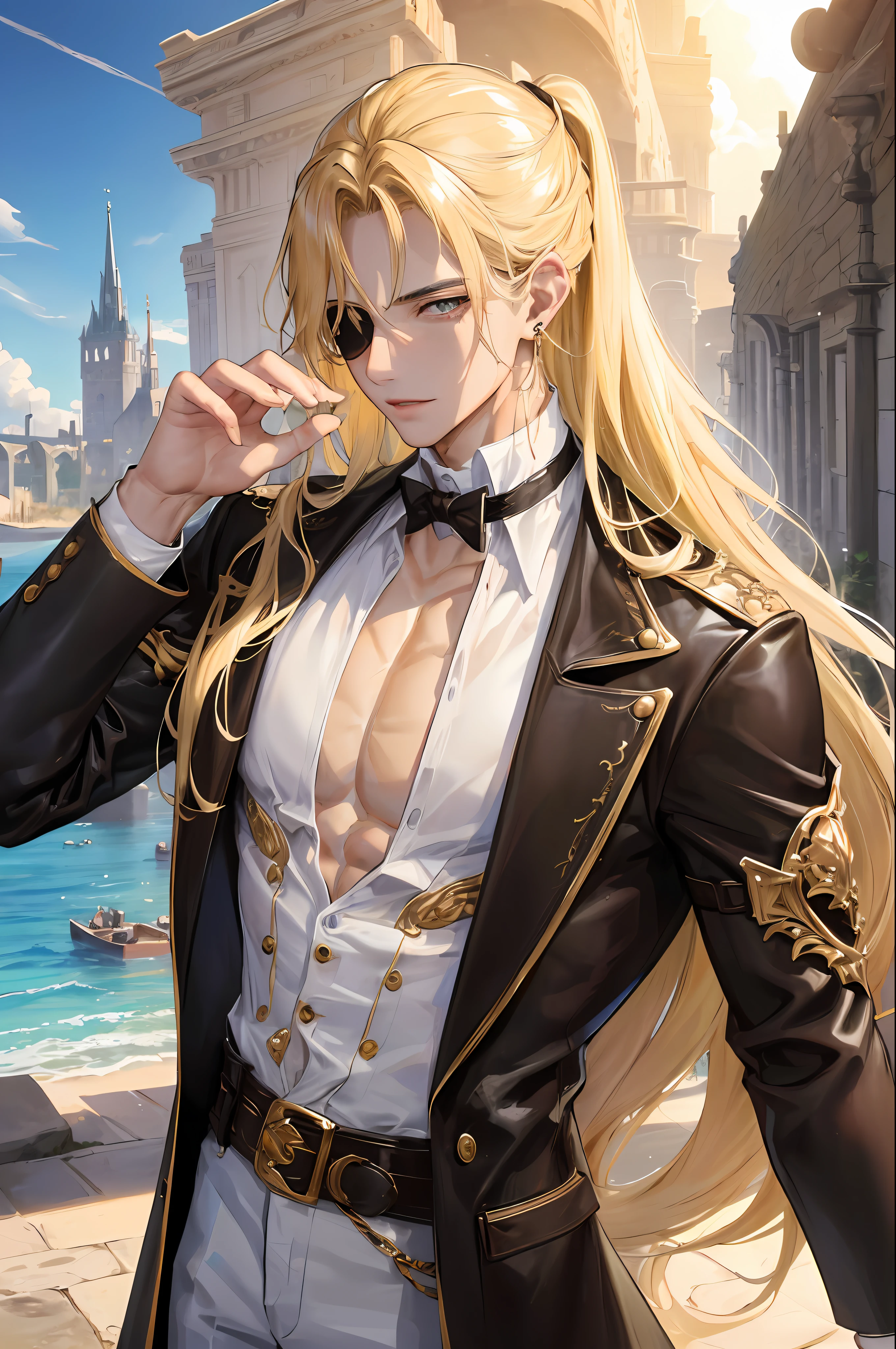 man, masculine, attractive, muscular, ((1man)), masterpiece, absurdres, best quality ,intricate details , (shiny skin, shiny body, shiny oily er skin, shiny hair, pale skintone), old castle, Sundown, attractive, ((muscular)), adult, one eye patch, tattoo ,white blouse, earrings, brown pants, Don't look at the view , Not looking at the view, blonde very long hair, perfect detailed face, perfect detailed hands