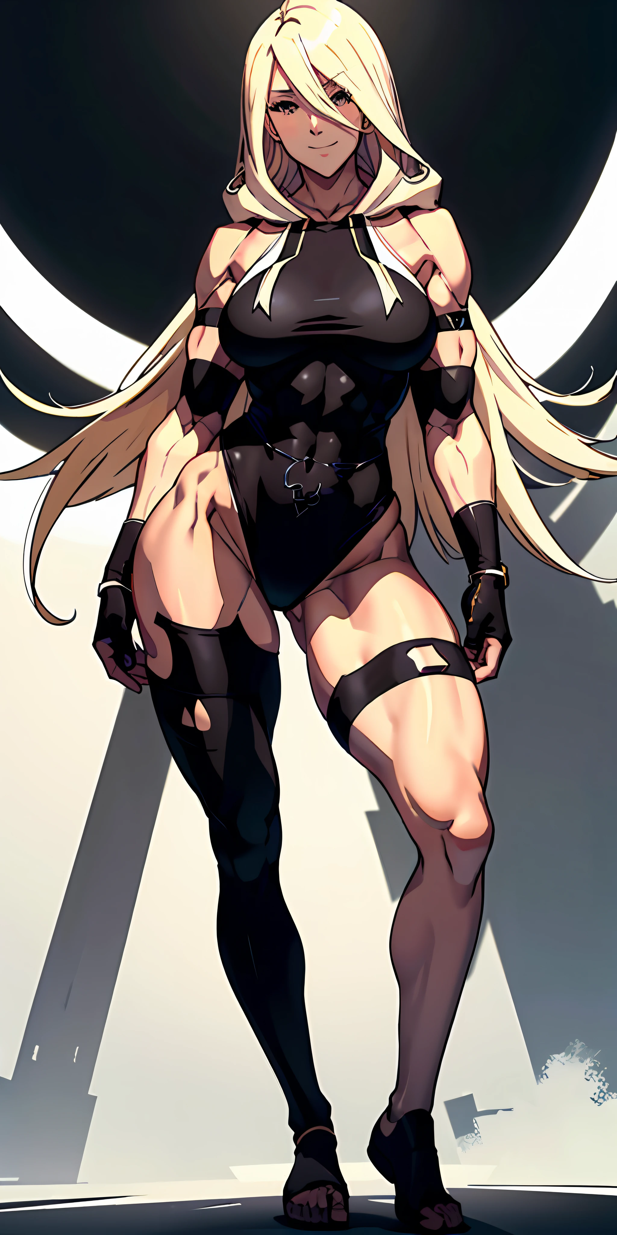 anime waifu bodybuilder, beautiful face, smiling face, perfect body, fit body, looking at the viewer, posing with strong arms, abdomen, large breasts, muscular, ((hair) long and blonde), ((clothing) white color tight swimsuit, torn), (torn cape at the tip covering the body of black color, and hood covering the head of black color), character A2, (white and torn bandages on the arms and legs), (((bottom view)))