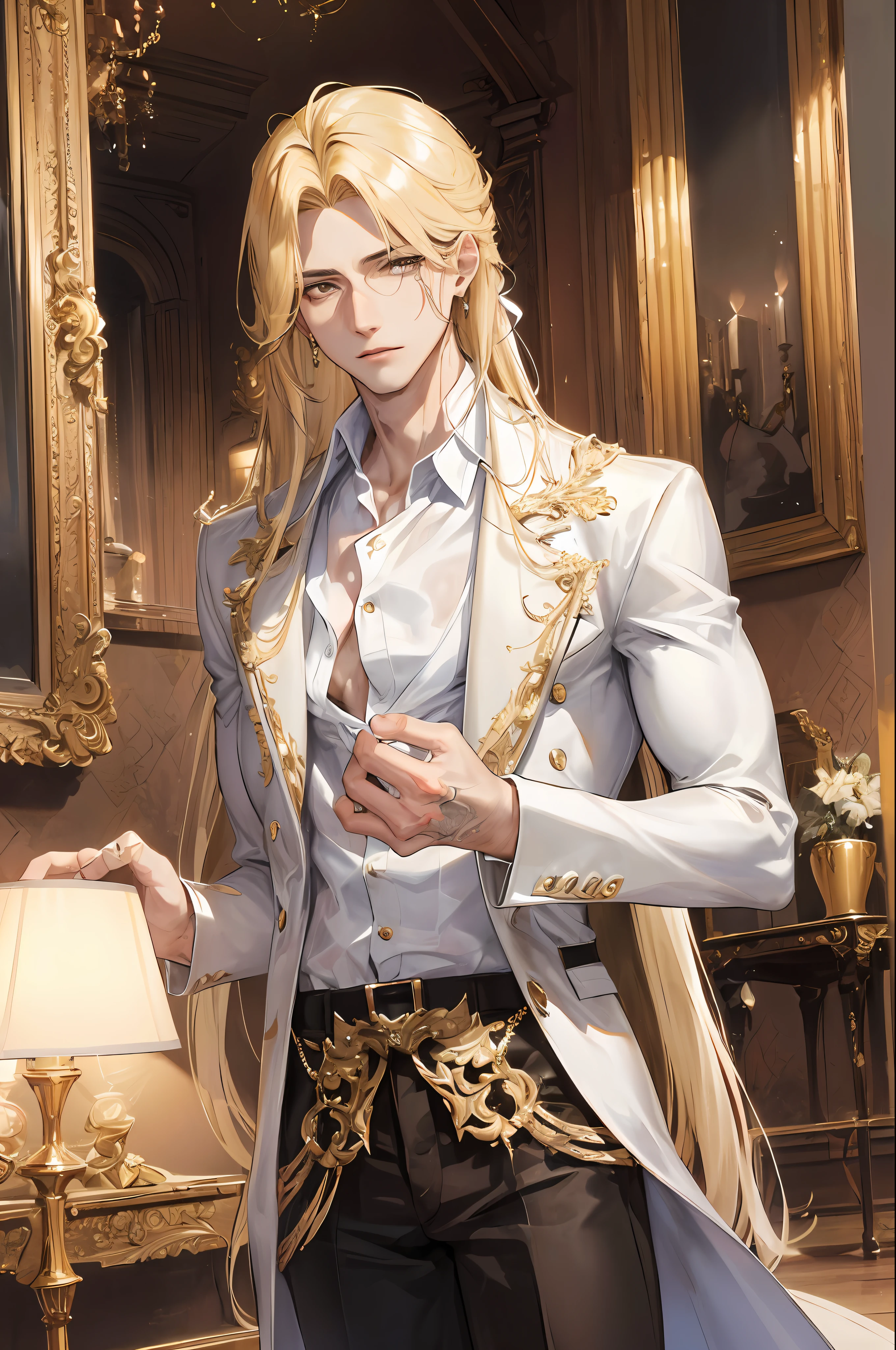 man, masculine, attractive, muscular, ((1man)), masterpiece, absurdres, best quality ,intricate details , (shiny skin, shiny body, shiny oily luster skin, shiny hair, pale skintone), old castle, Sundown, attractive, ((muscular)), adult, one eye patch, tattoo ,white blouse, earrings, brown pants, Don't look at the view , Not looking at the view, blonde very long hair, perfect detailed face, perfect detailed hands