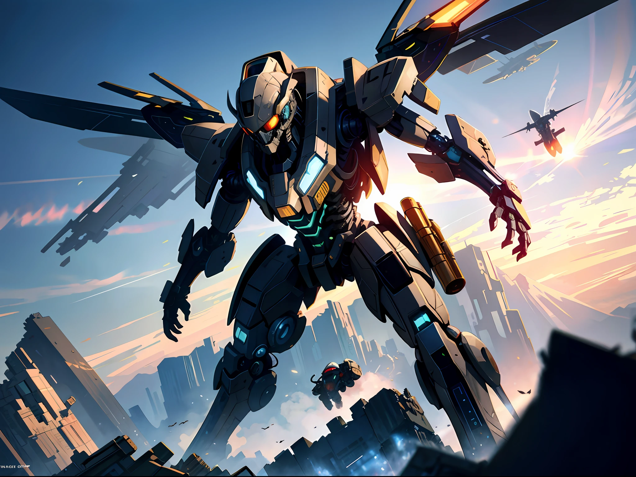 High resolution, highest quality, illustrations, super detailed, black flying mech, flying in mid-air, cyber, wasteland city