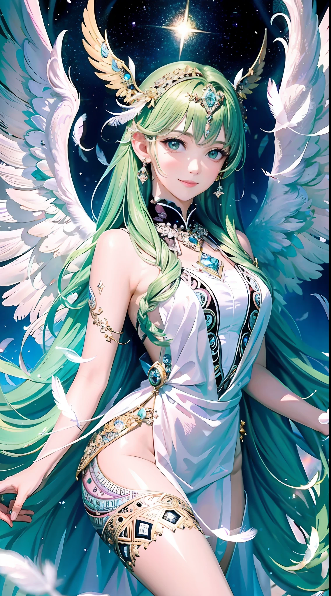 (Masterpiece), (Best Quality:1.4), Absurdity, [:Complex Details:0.2], Angels, Angel Wings, Milky Way, Sky, Sparkling Aura, Intense Focus, Crackling Energy, Mystical Symbols, Transparent Illustrations, Complex Structure, Pretty Girl, Light Reflection Wrapped in Feathers, Monochrome, Crystal Clear Green, Smile, Looking at the Viewer, ( Maximalism: 1.5) upper body, (Zentangle: 1.5)