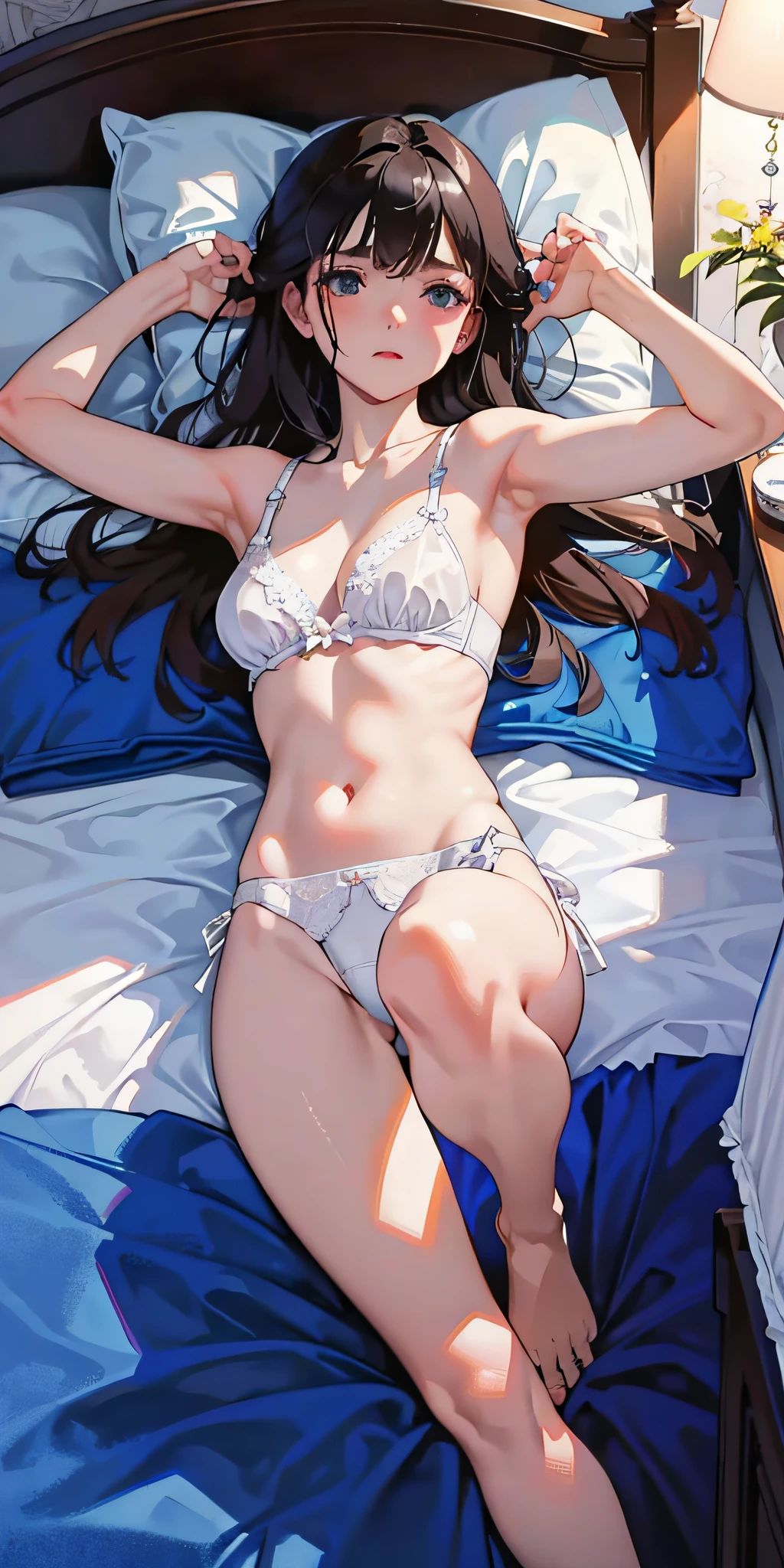 masterpiece, top quality, high resolution, solo, small, indoor, see-through, misaligned bra, side tie t-back, lying down, from above, open arms, anger, bed, disheveled underwear, rough breath, sexual expression