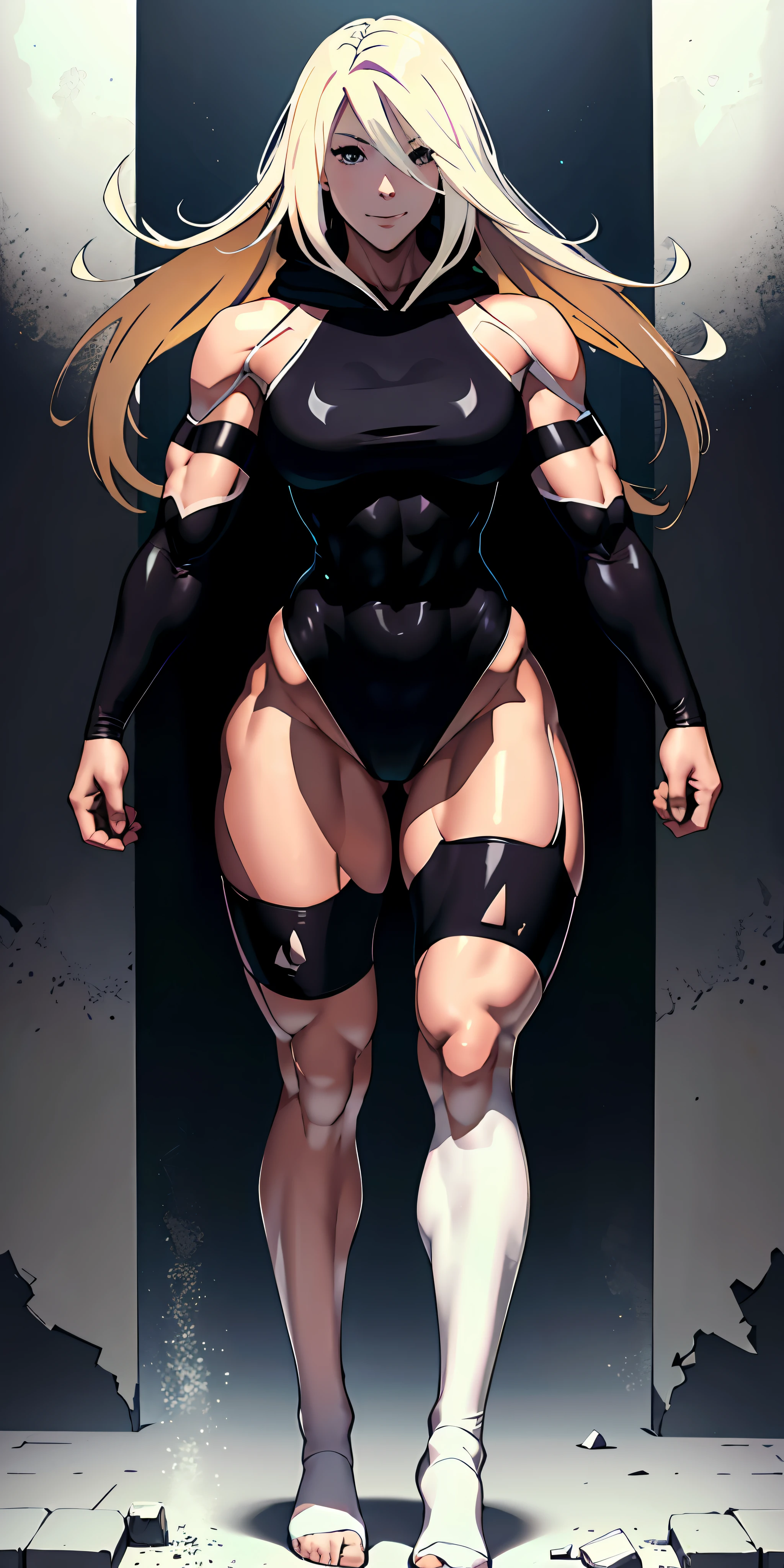 anime waifu bodybuilder, beautiful face, smiling face, perfect body, fit body, looking at the viewer, posing with strong arms, abdomen, large breasts, muscular, ((hair) long and blonde), ((clothing) white color tight swimsuit, torn), (torn cape at the tip covering the body of black color, and hood covering the head of black color), character A2,  (white and torn bandages on the arms and legs), image taken from below