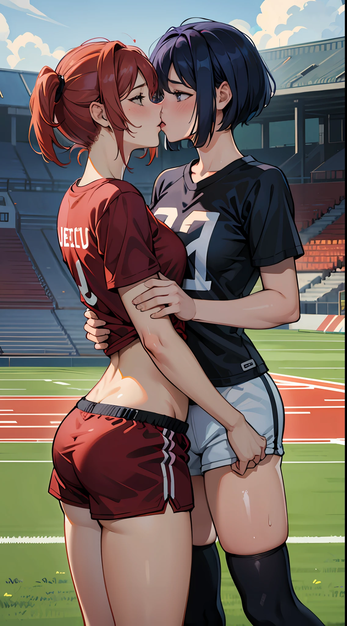 2 women having fun after football practice, lewd:1,2, hentai:1,2, NSFW:1,2, lesbian yuri:1,2, grabbing each other's ass, kissing, blushing, wet sleevless t-shirts, shorts,, small boobs,
