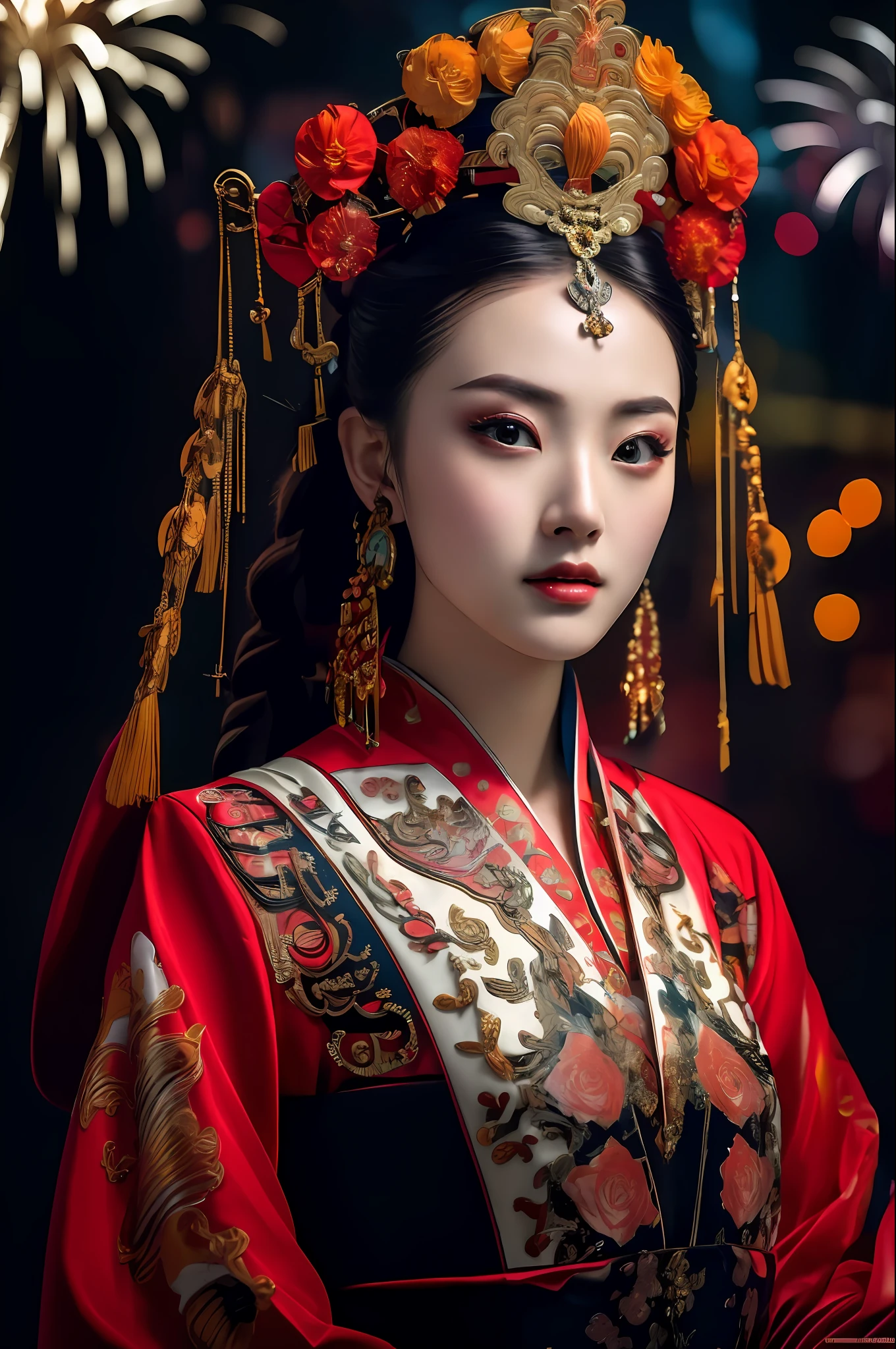 masterpiece,(best quality:1.3),ultra high res,raw photo,detailed skin,beautiful lighting,(realistic, photo-realistic:1.4),
1girl,guofeng,full body,(Fireworks background:1.2),Professional stage light,