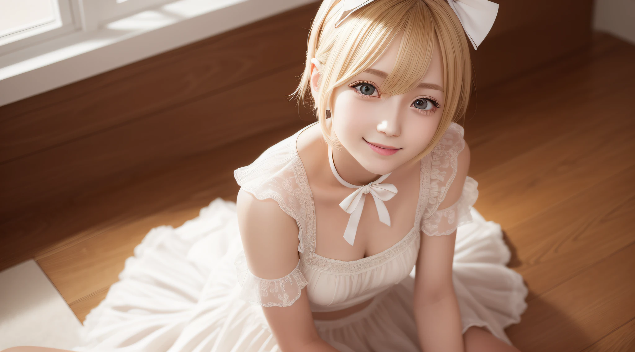 Top Quality, Masterpiece, High Detail, Most Realistic, High Resolution, One Beautiful Girl, She Is Kagamine Rin, She's Looking Here, Ribbon, Dress, Smile, Cool, Cheerful