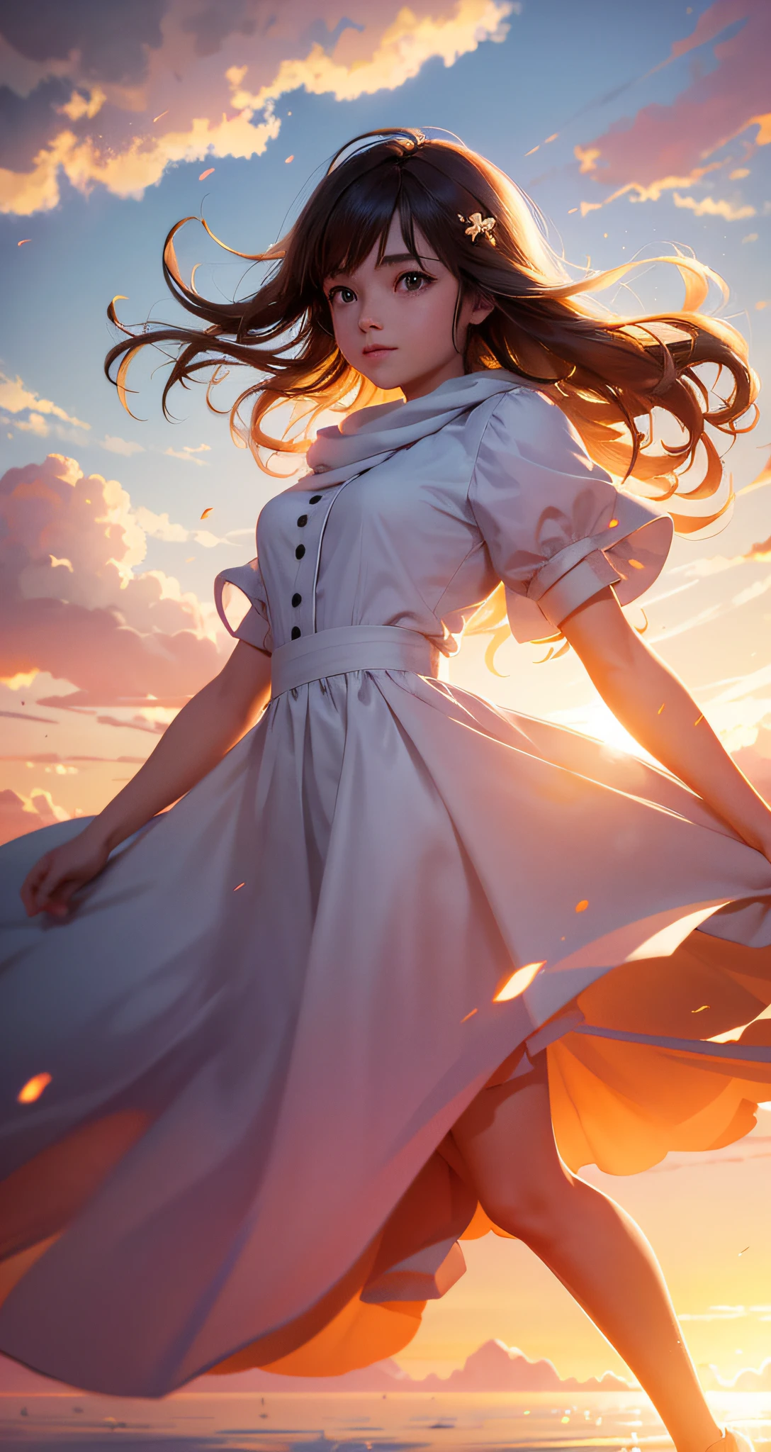 masterpiece, best quality, movie still, 1girl, cloud girl, floating in the sky, close-up, bright, happy, warm soft lighting, sunset, (sparks:0.7)