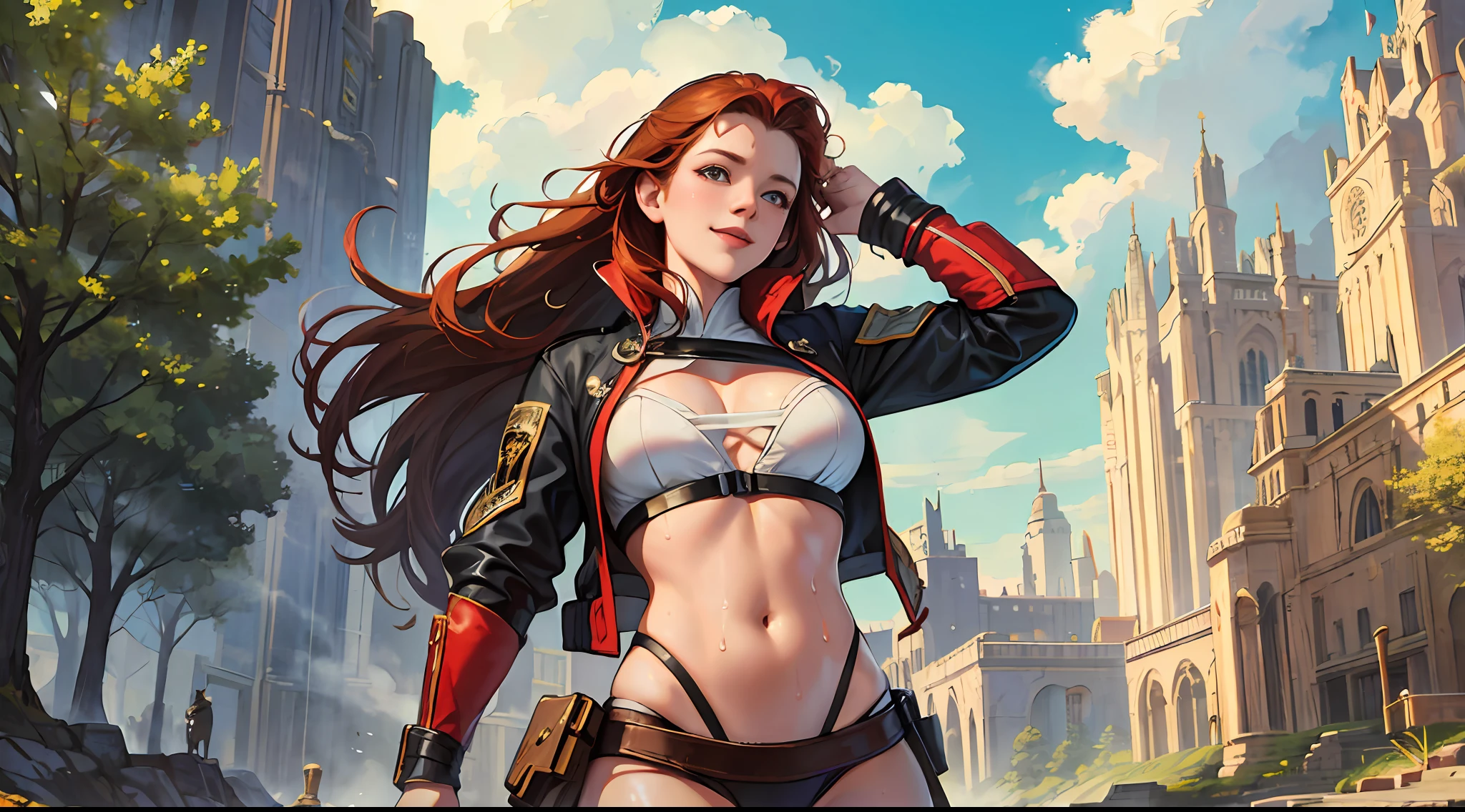 highres, masterpiece, 1girl, solo, best quality, realistic, outdoor, scarlett, ginger hair, looking at viewer, perspective shot, (mountain lady cosplay), sweat, small, navel, black hair, smile, excited, art by artgerm --auto --s2