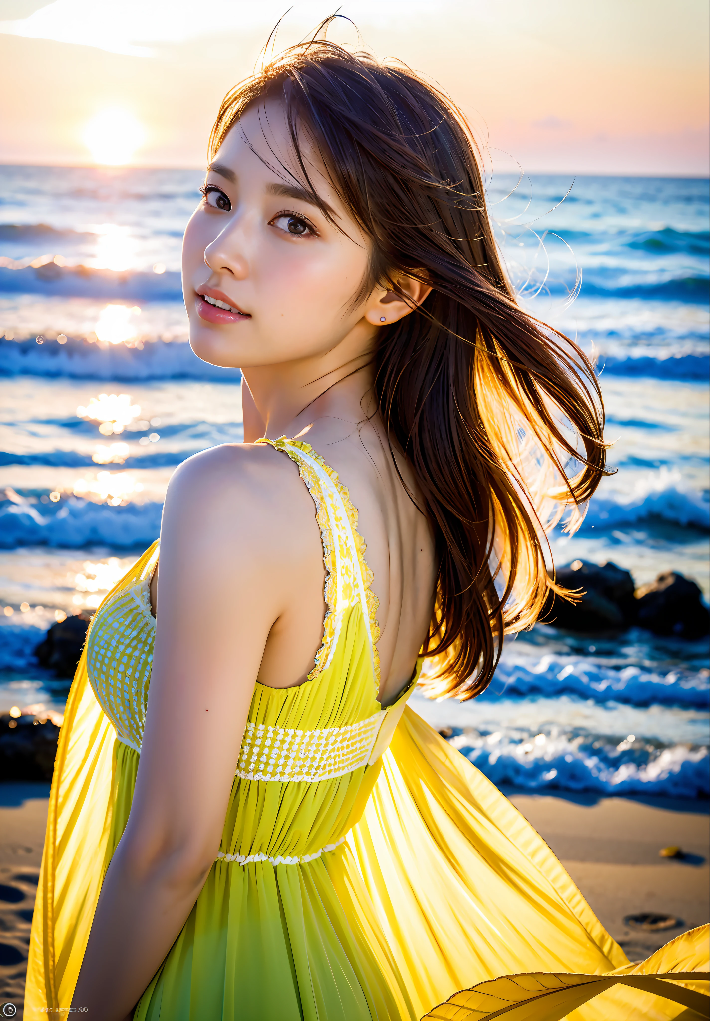 8k, RAW photo, best quality, masterpiece, high detail RAW color photo, professional photograph, (realistic, photorealistic:1.37), (high detailed skin:1.2), high resolution, beautiful detailed eyes, (hard focus:1.4), (sharp focus:1.4), 1girl standing on the beach, wind blowing through her hair, wearing a flowy yellow sundress with delicate lace details, holding a seashell up to her ear, looking out towards the ocean, surrounded by golden hour light, warm and serene. bokeh, lens flare, (vignette:0.8), dramatic lighting, cinematic lighting, back light, professional lighting, physically-based rendering, ulzzang-6500-v1.1, pureerosface_v1