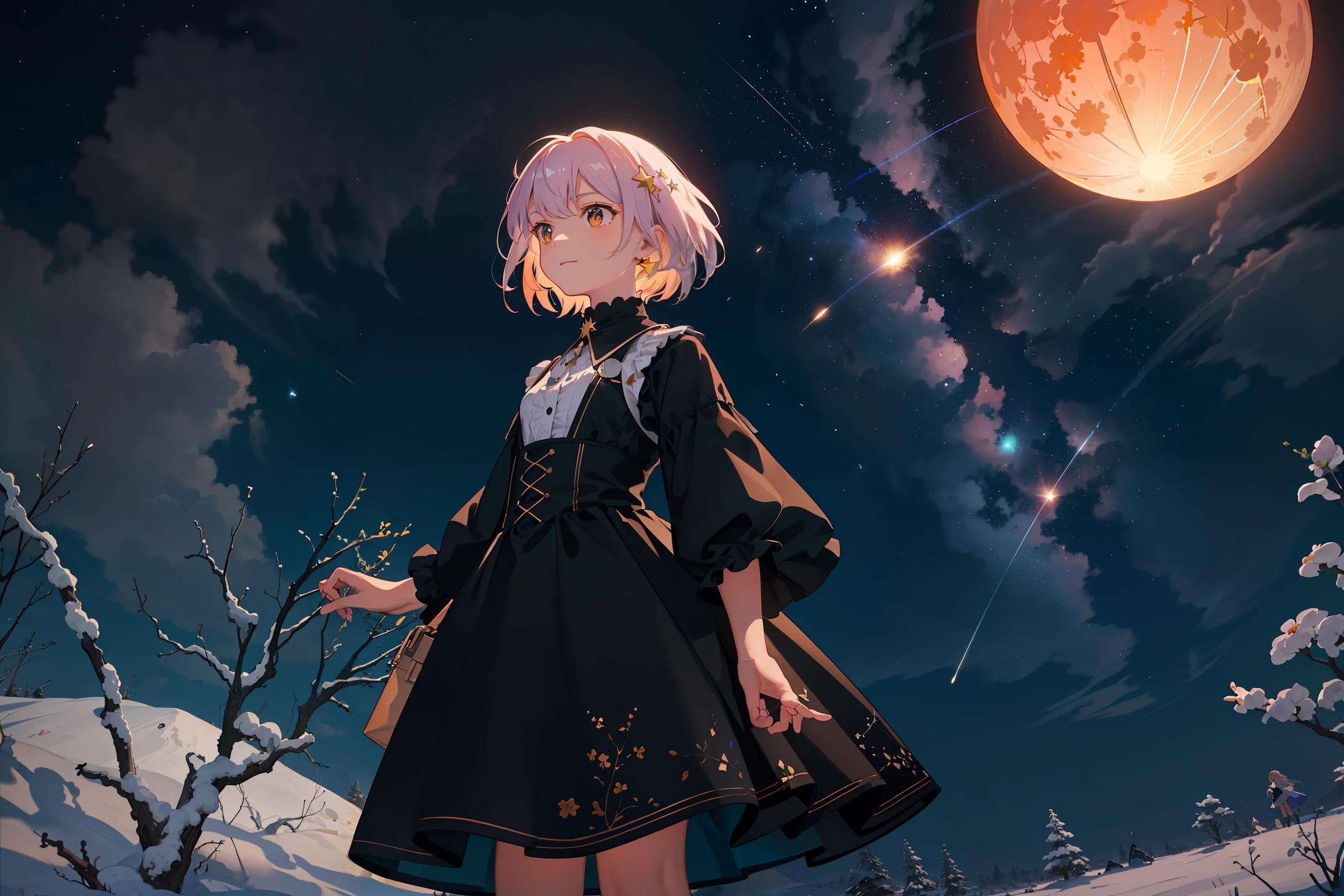 Expansive landscape photograph, (view from below with a view of the sky and the wilderness below), little girl standing in a flower field looking up, (full moon: 1.2), (shooting star: 0.9), (nebula: 1.3), distant mountain, tree break production art, (warm light source: 1.2), (firefly: 1.2), lamp, purple and orange, intricate detail, volume lighting BREAK (masterpiece: 1.2), (highest quality ), 4k, ultra-detailed, (dynamic configuration: 1.4), highly detailed and colorful details (iridescent: 1.2), (sparkling lighting, atmospheric lighting), dreamy, magical, (solo: 1.2)