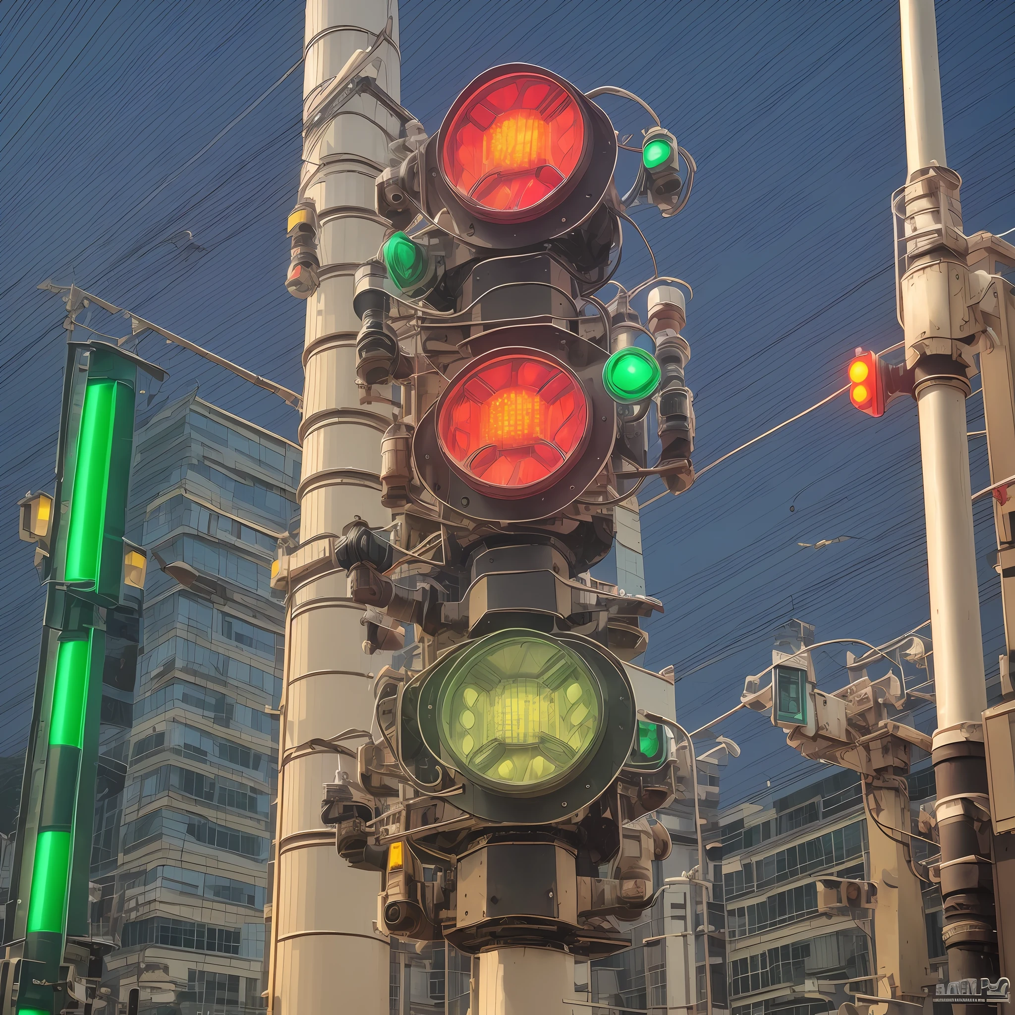 a close up one robotic traffic lights that are on a pole, (masterpiece), (best quality),photorealistic, 8k raw photo, ultra high res, robot, glowing jiqinvhai, huge robot, mechanics, mechanical parts, robot joint --auto --s2